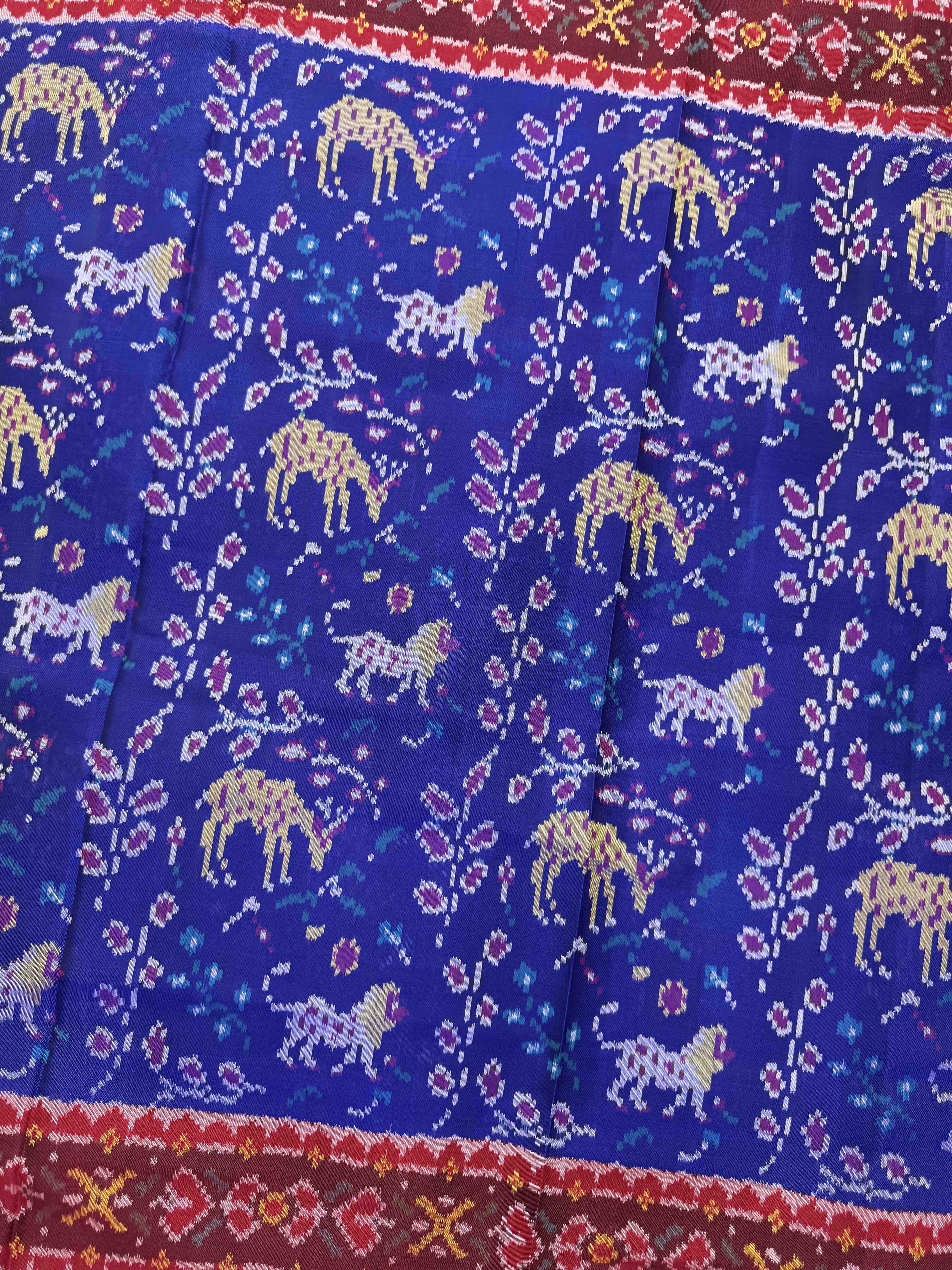 Red & Blue Lion Deer Leaves Single Ikat Patan Patola Saree