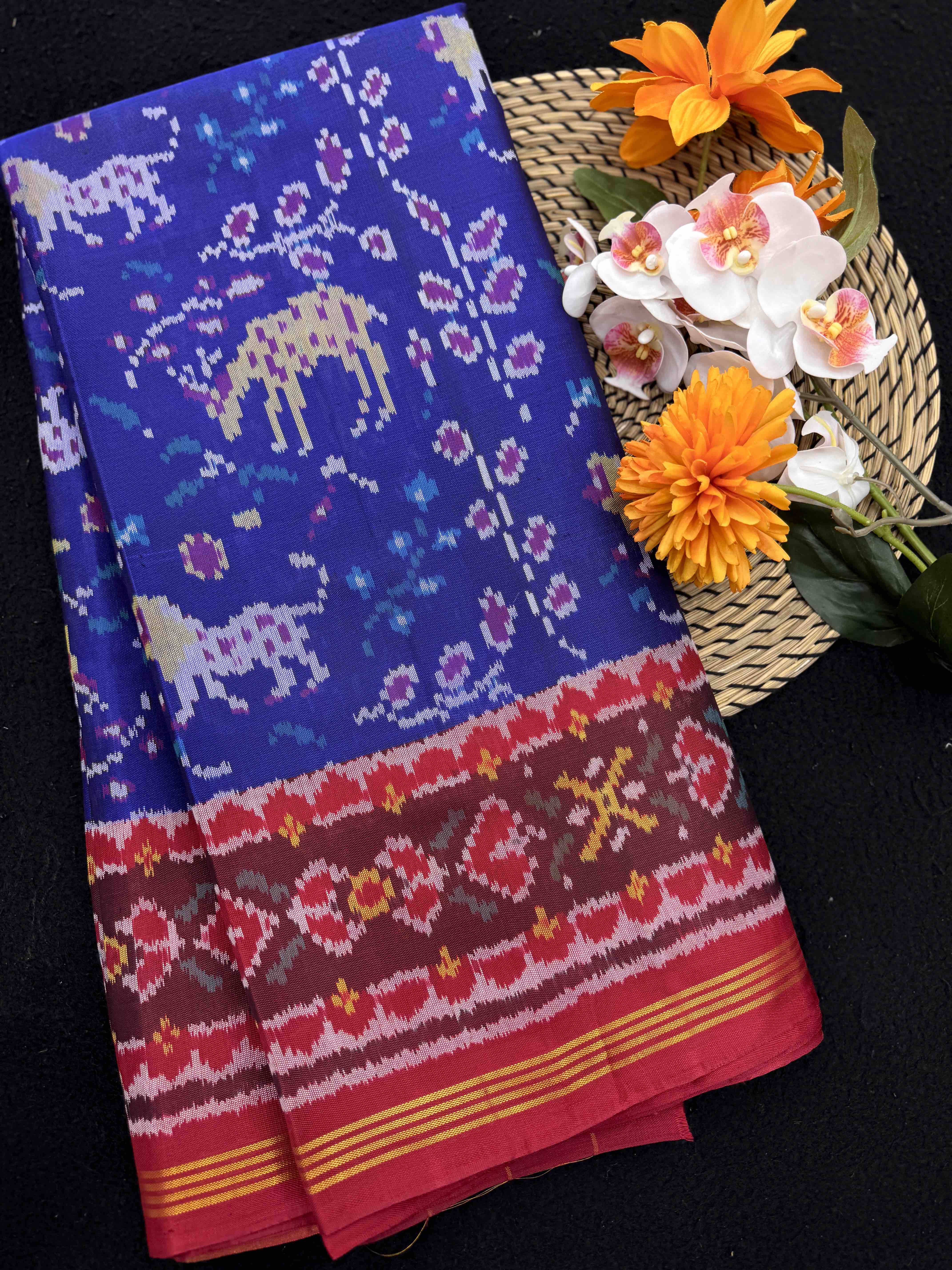 Red & Blue Lion Deer Leaves Single Ikat Patan Patola Saree