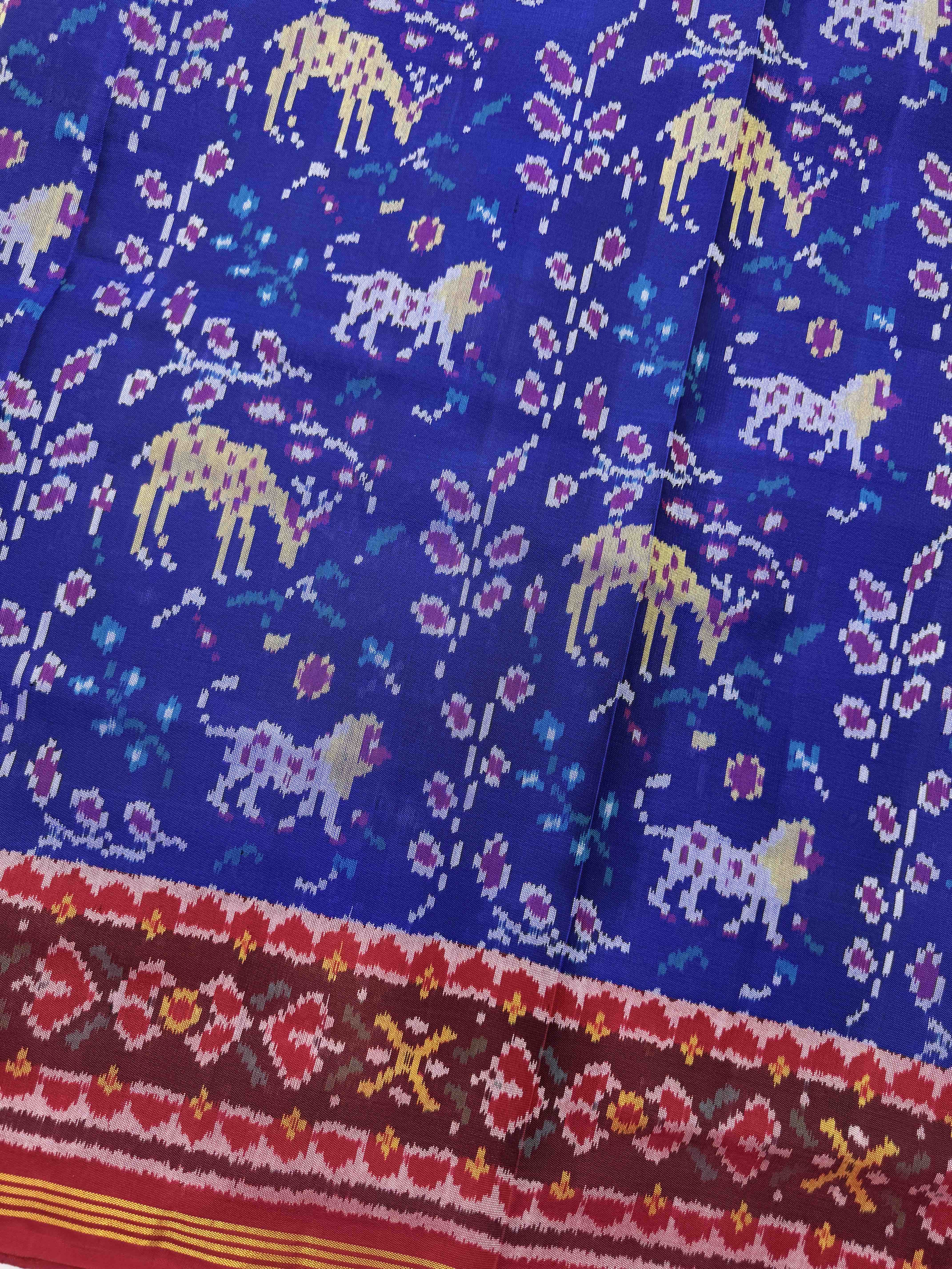 Red & Blue Lion Deer Leaves Single Ikat Patan Patola Saree