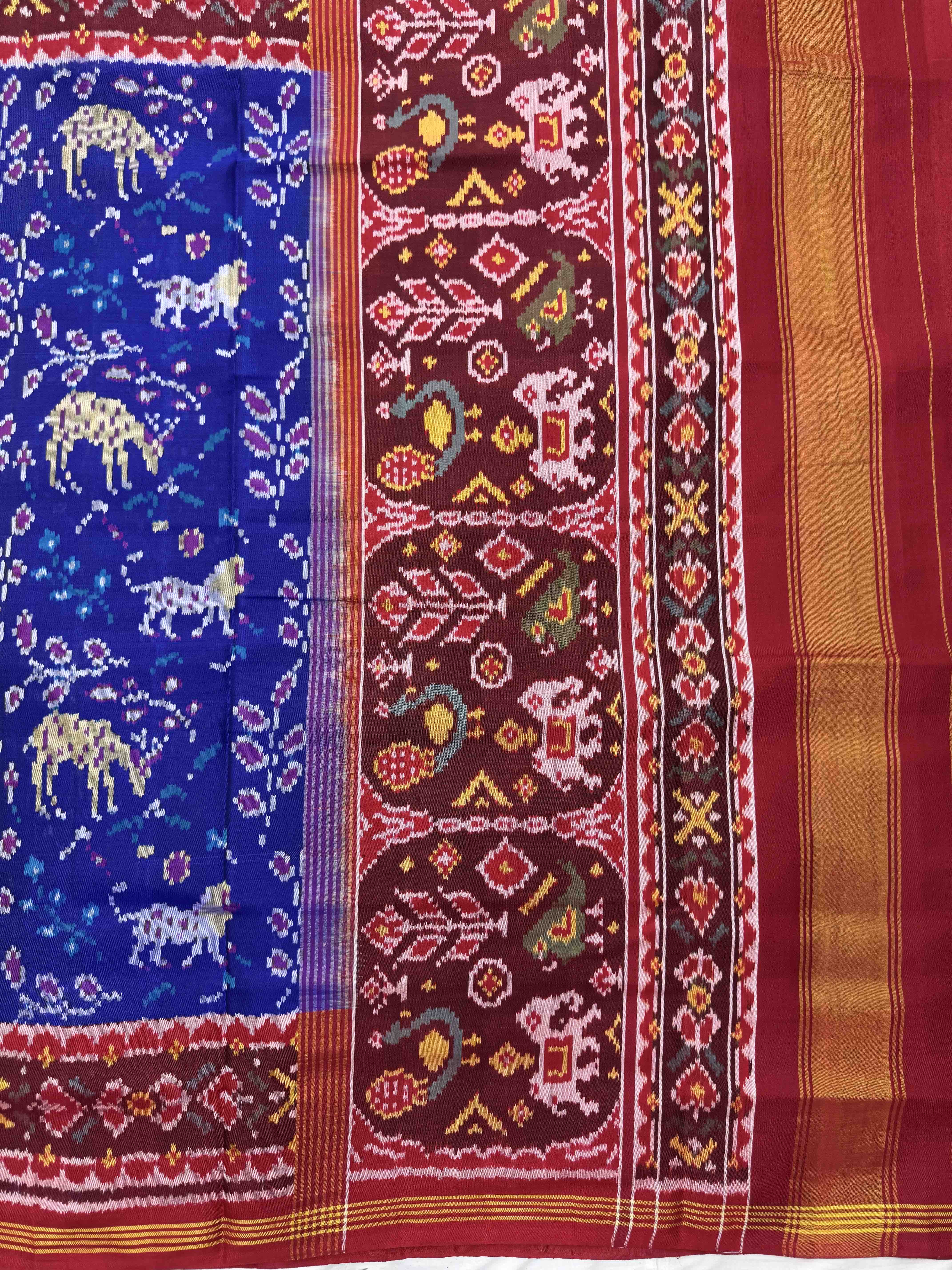Red & Blue Lion Deer Leaves Single Ikat Patan Patola Saree