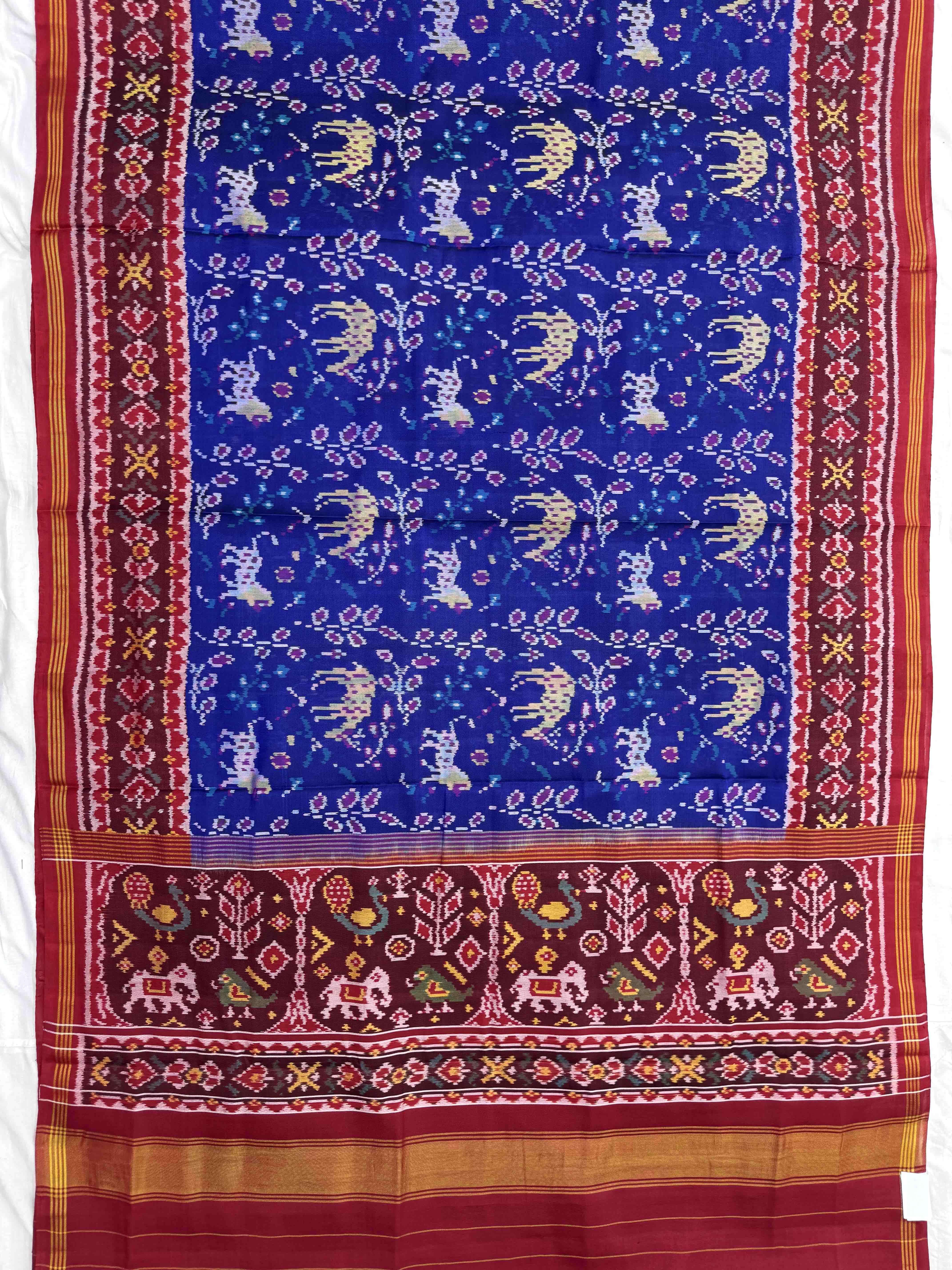 Red & Blue Lion Deer Leaves Single Ikat Patan Patola Saree