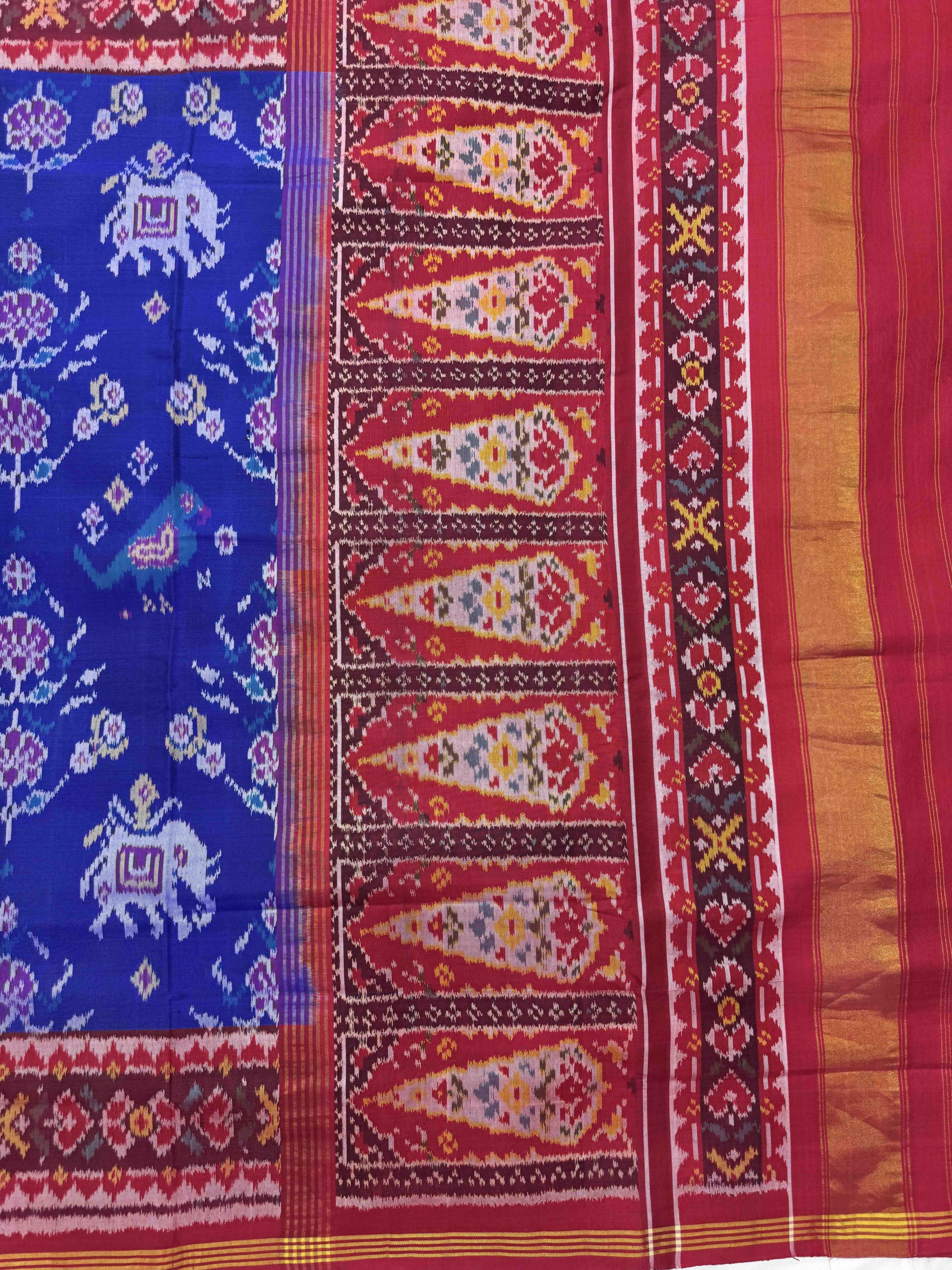 Red & Blue Narikunj with Flower Single Ikat Patan Patola Saree