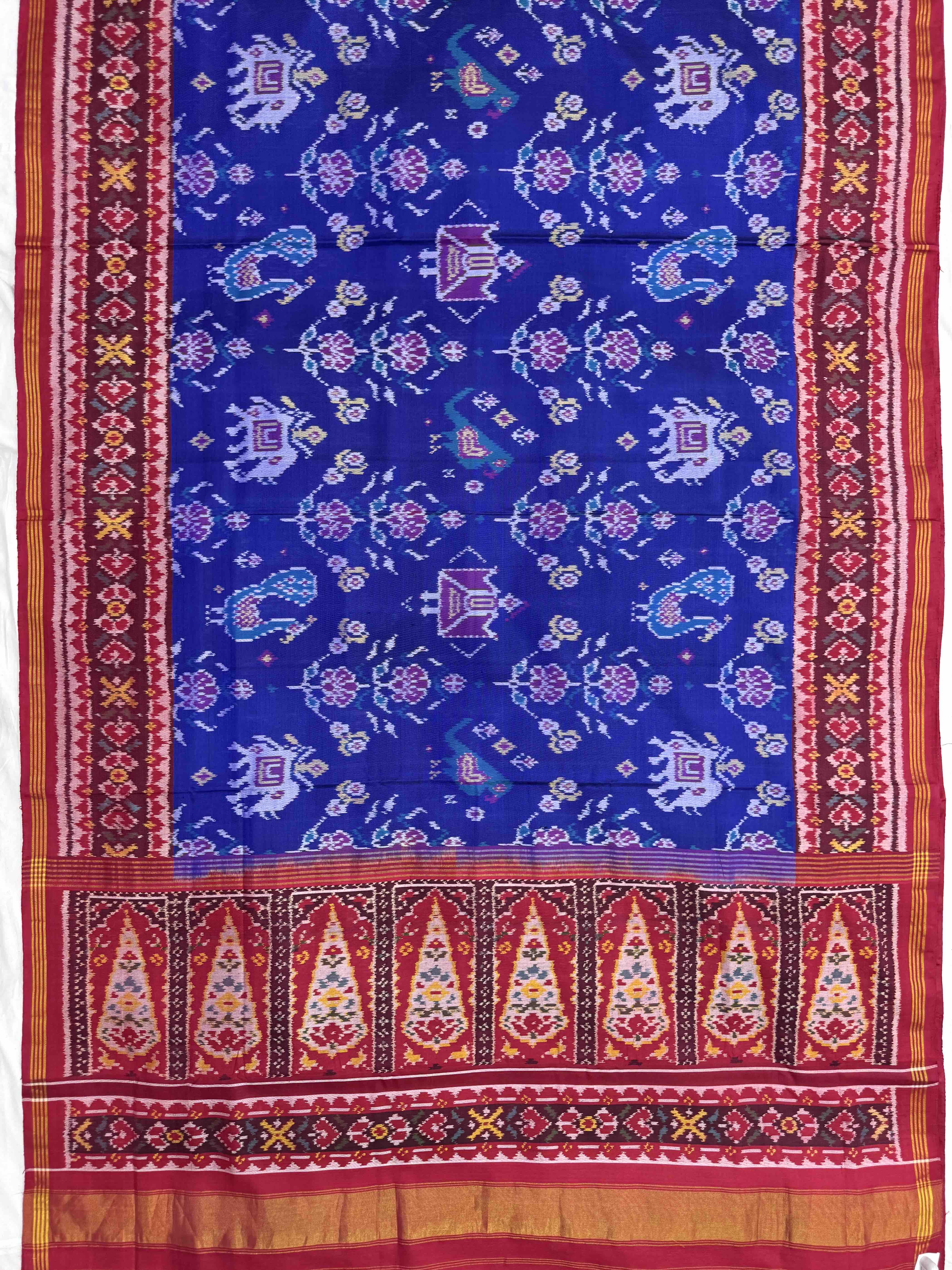 Red & Blue Narikunj with Flower Single Ikat Patan Patola Saree
