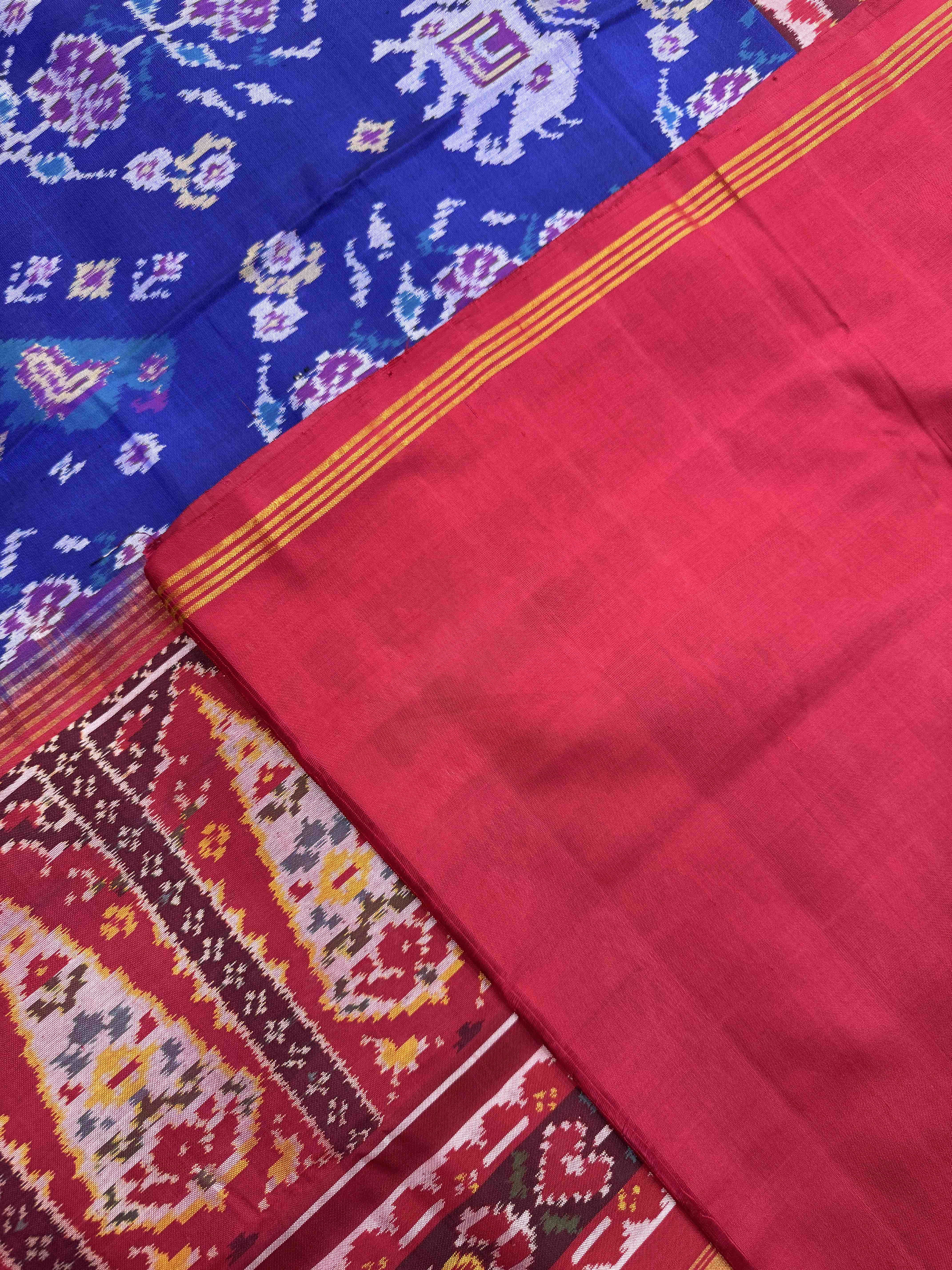Red & Blue Narikunj with Flower Single Ikat Patan Patola Saree