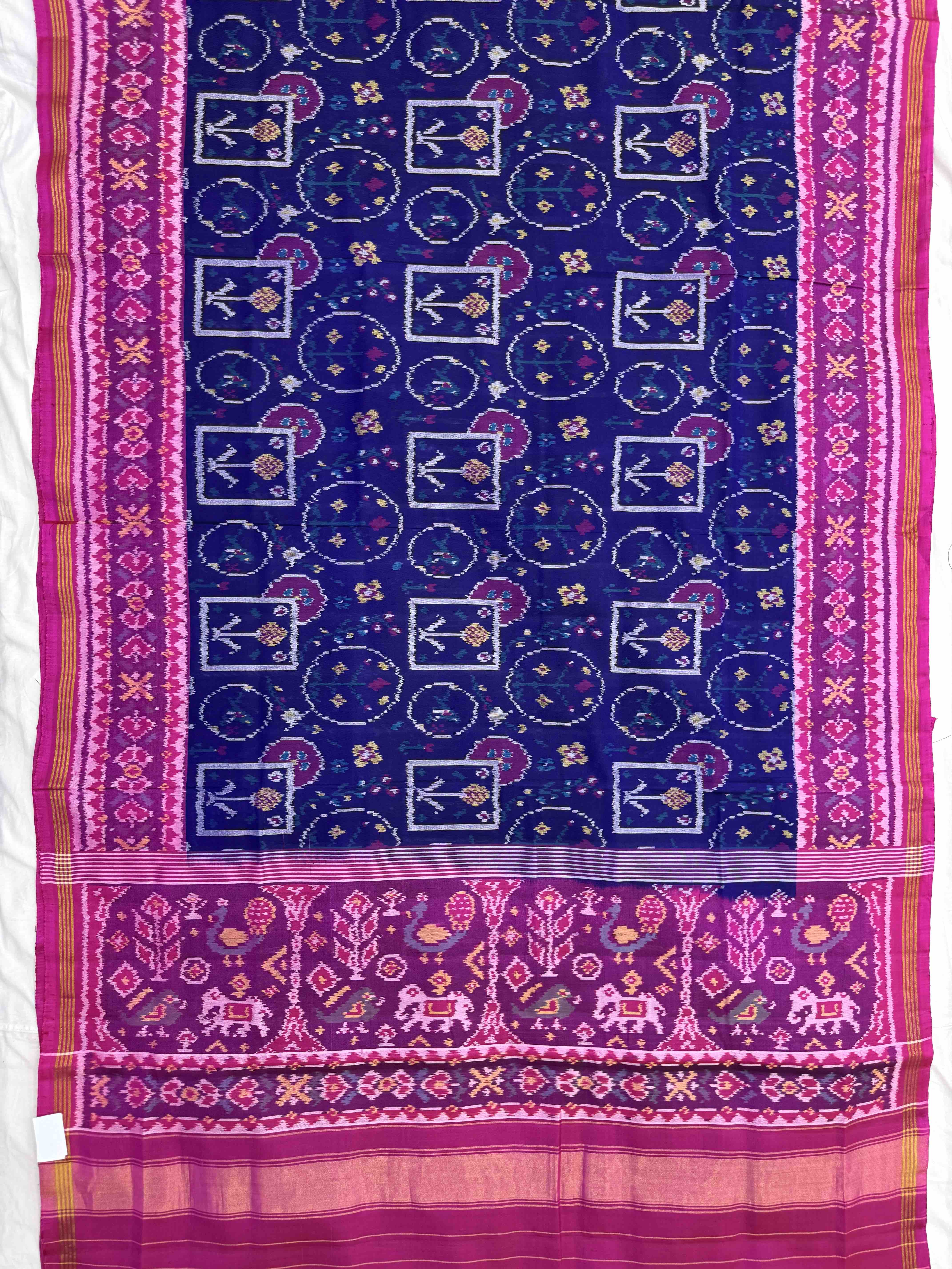 Pink & Blue Circle Square Fancy Flower Single Ikat Patan Patola Saree