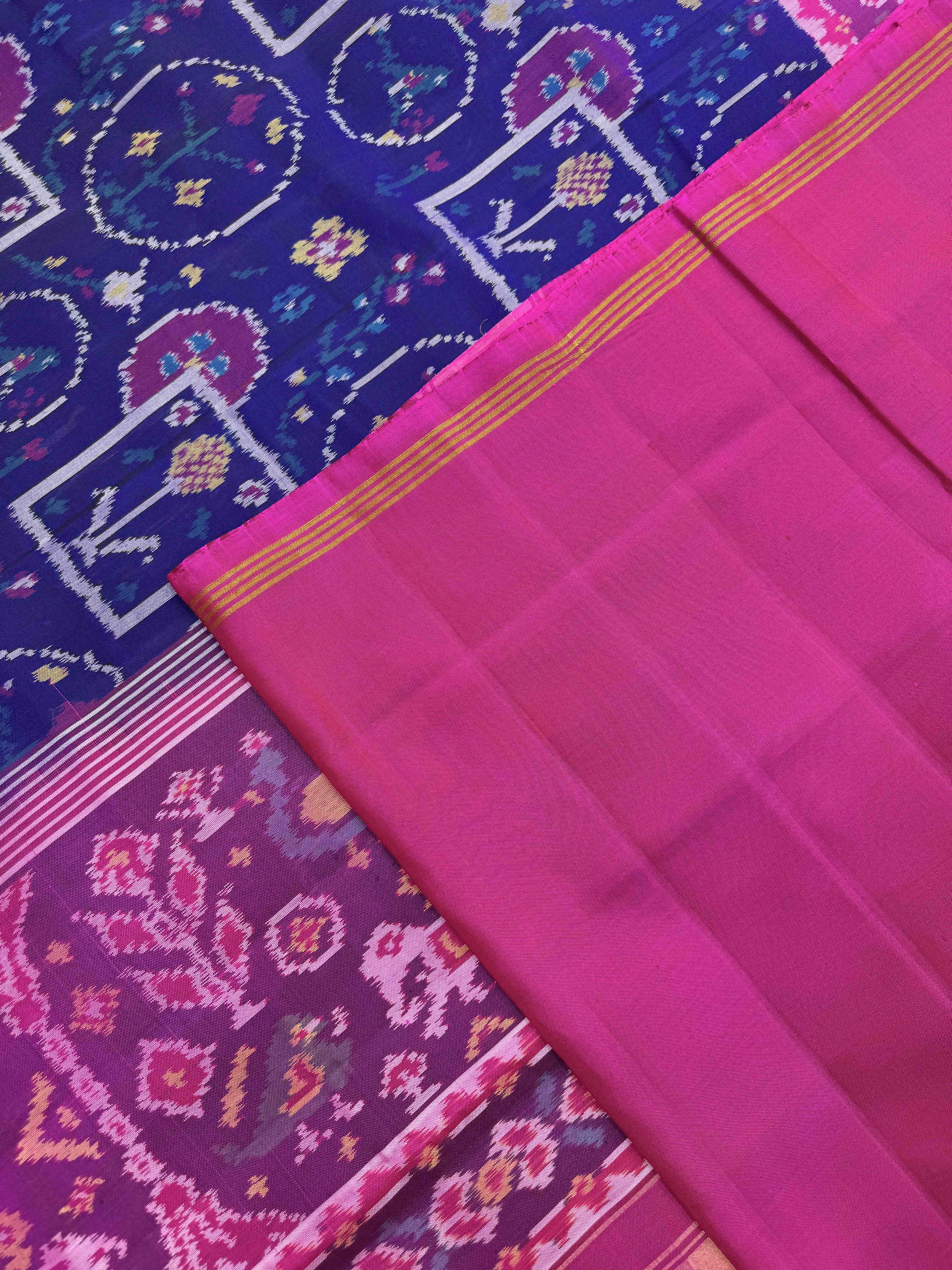 Pink & Blue Circle Square Fancy Flower Single Ikat Patan Patola Saree