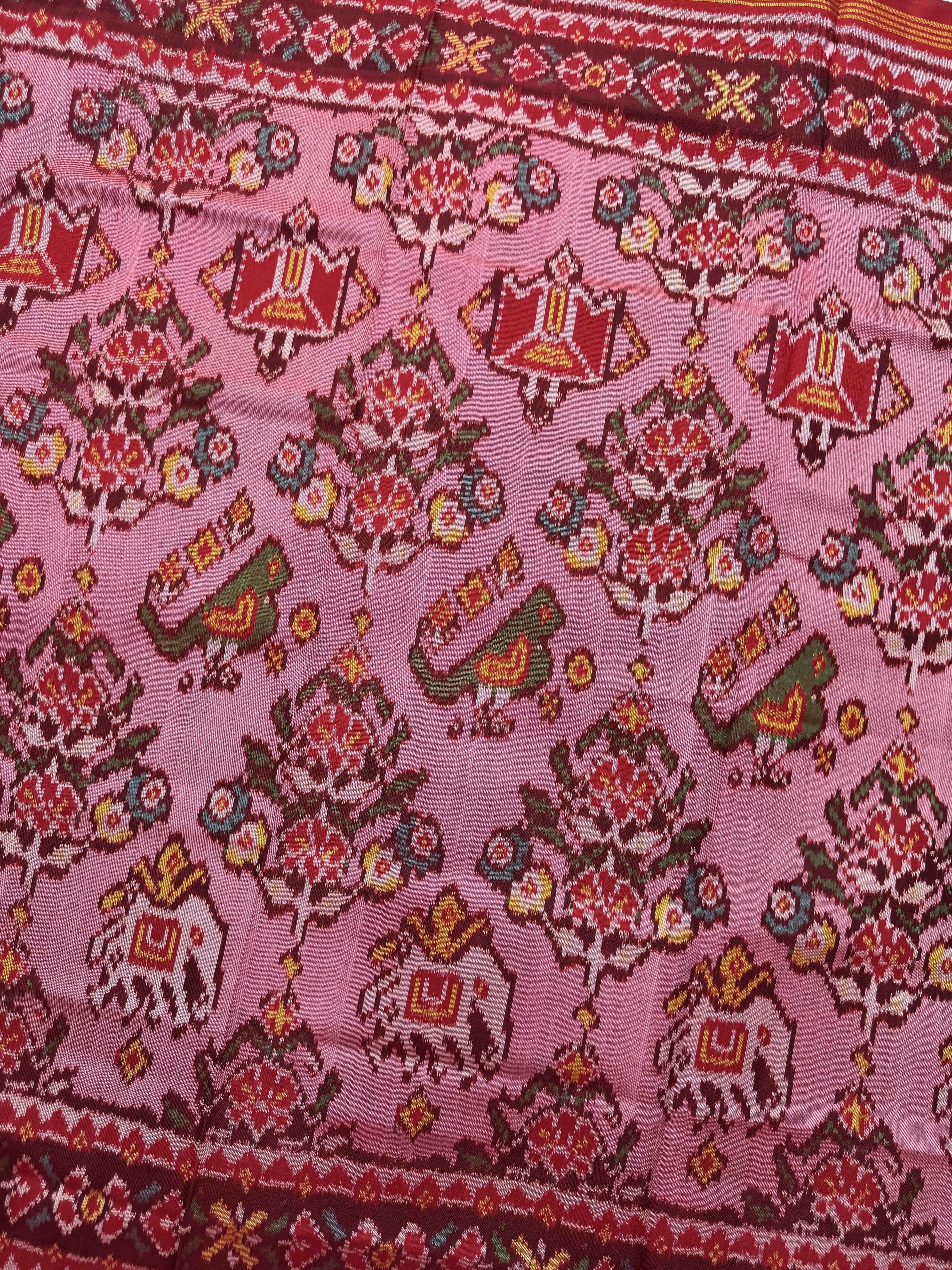 Red & Light Haathi Popat with Flower Single Ikat Patan Patola Saree