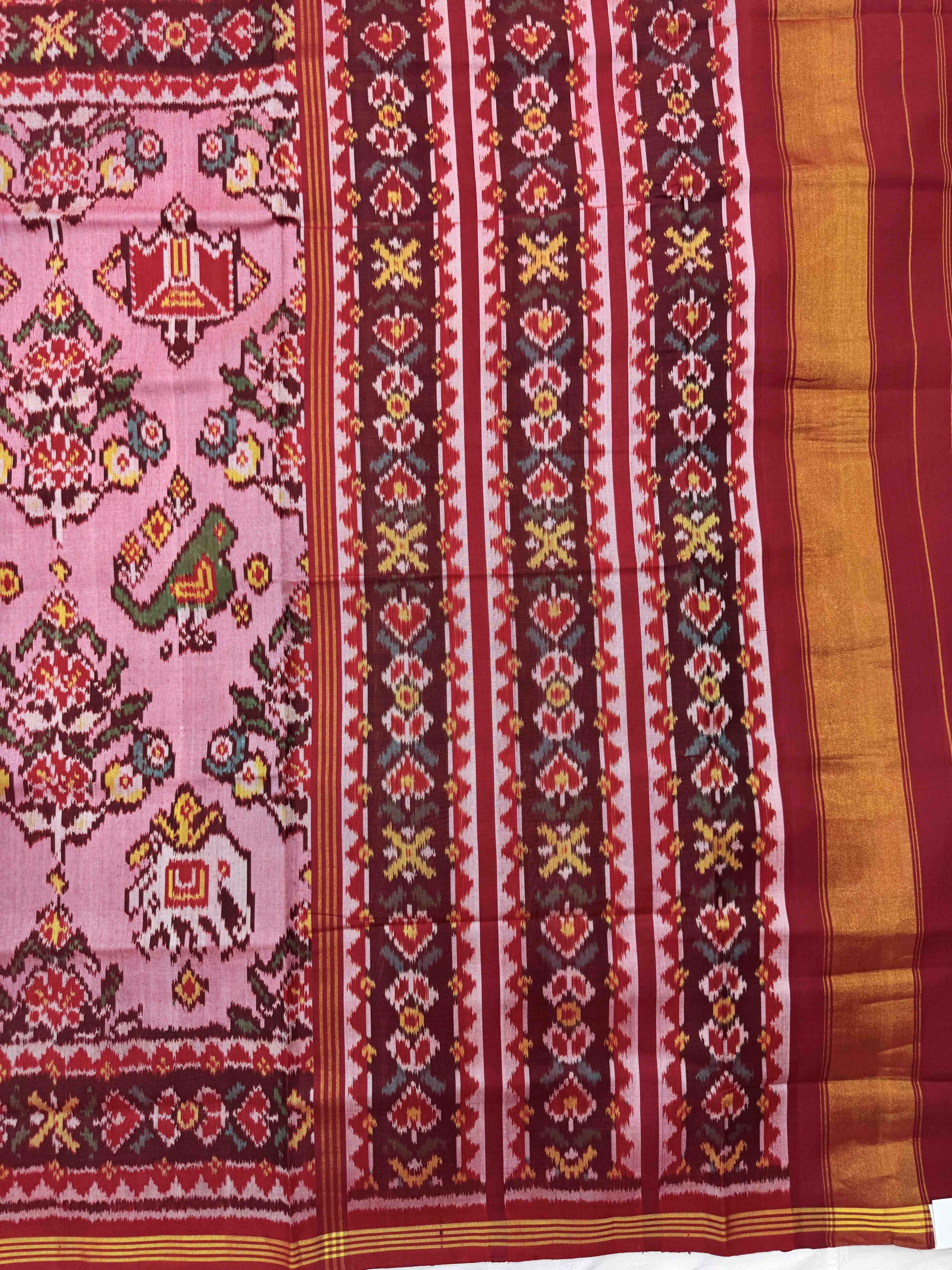 Red & Light Haathi Popat with Flower Single Ikat Patan Patola Saree