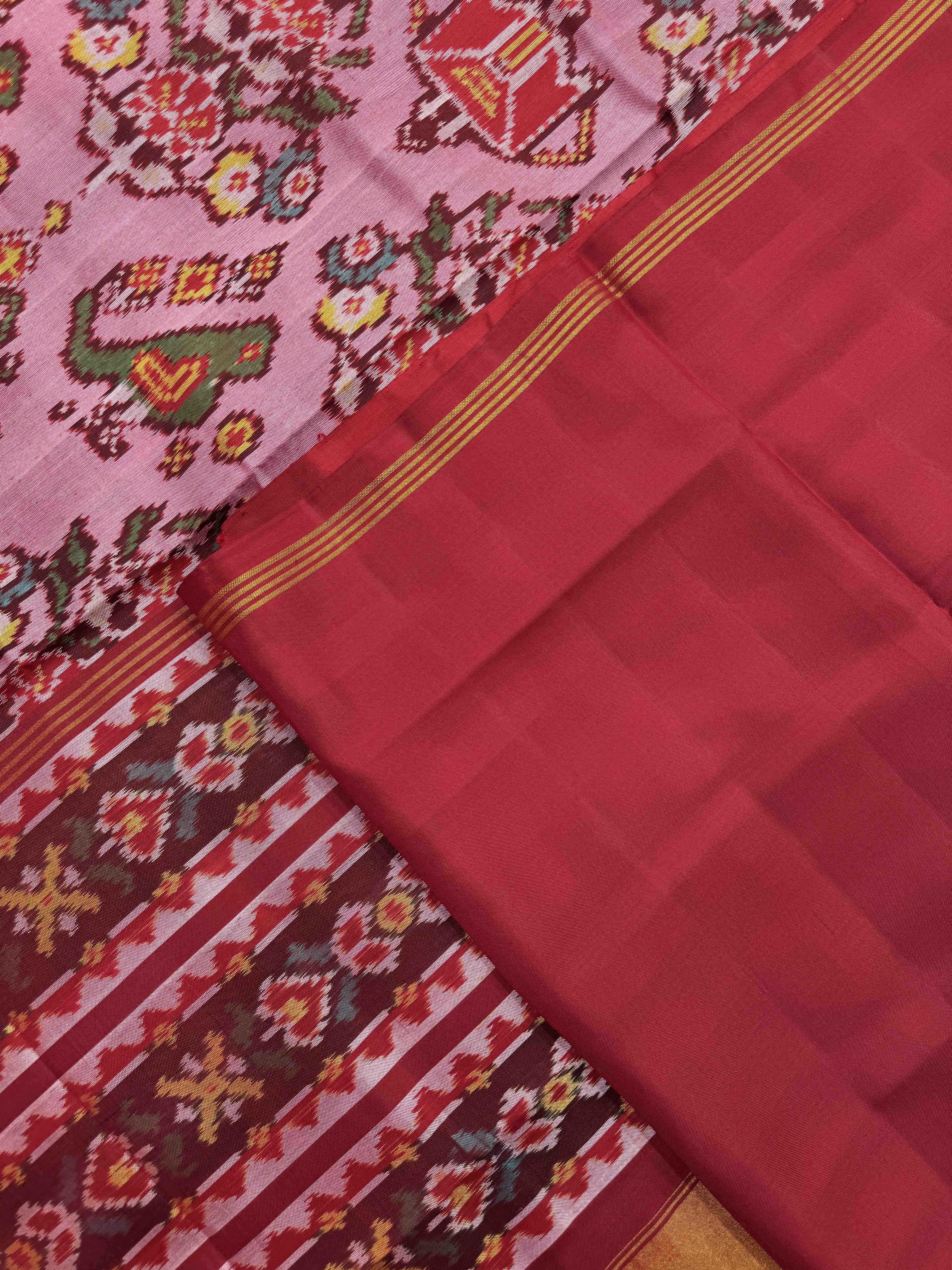 Red & Light Haathi Popat with Flower Single Ikat Patan Patola Saree