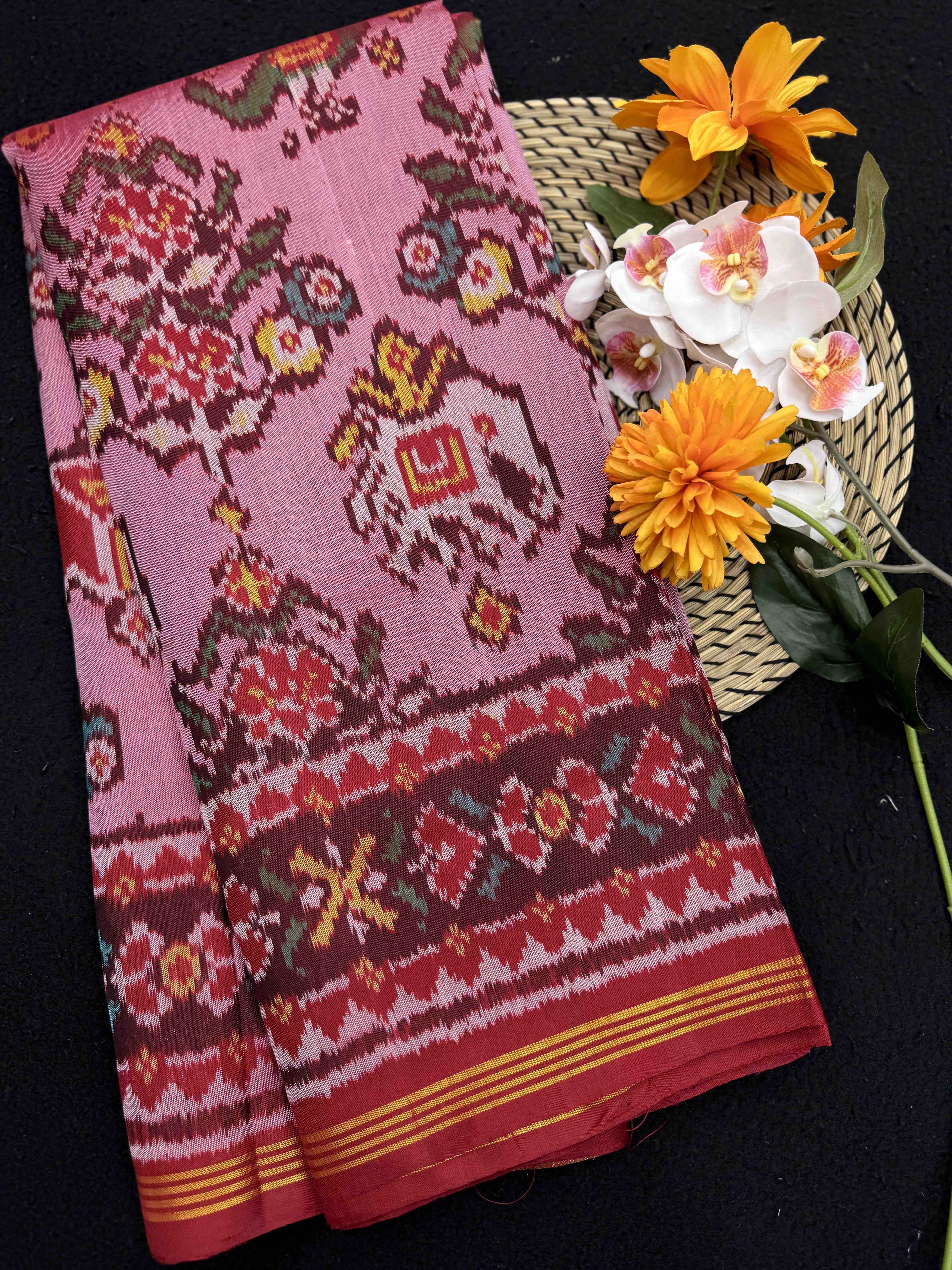 Red & Light Haathi Popat with Flower Single Ikat Patan Patola Saree