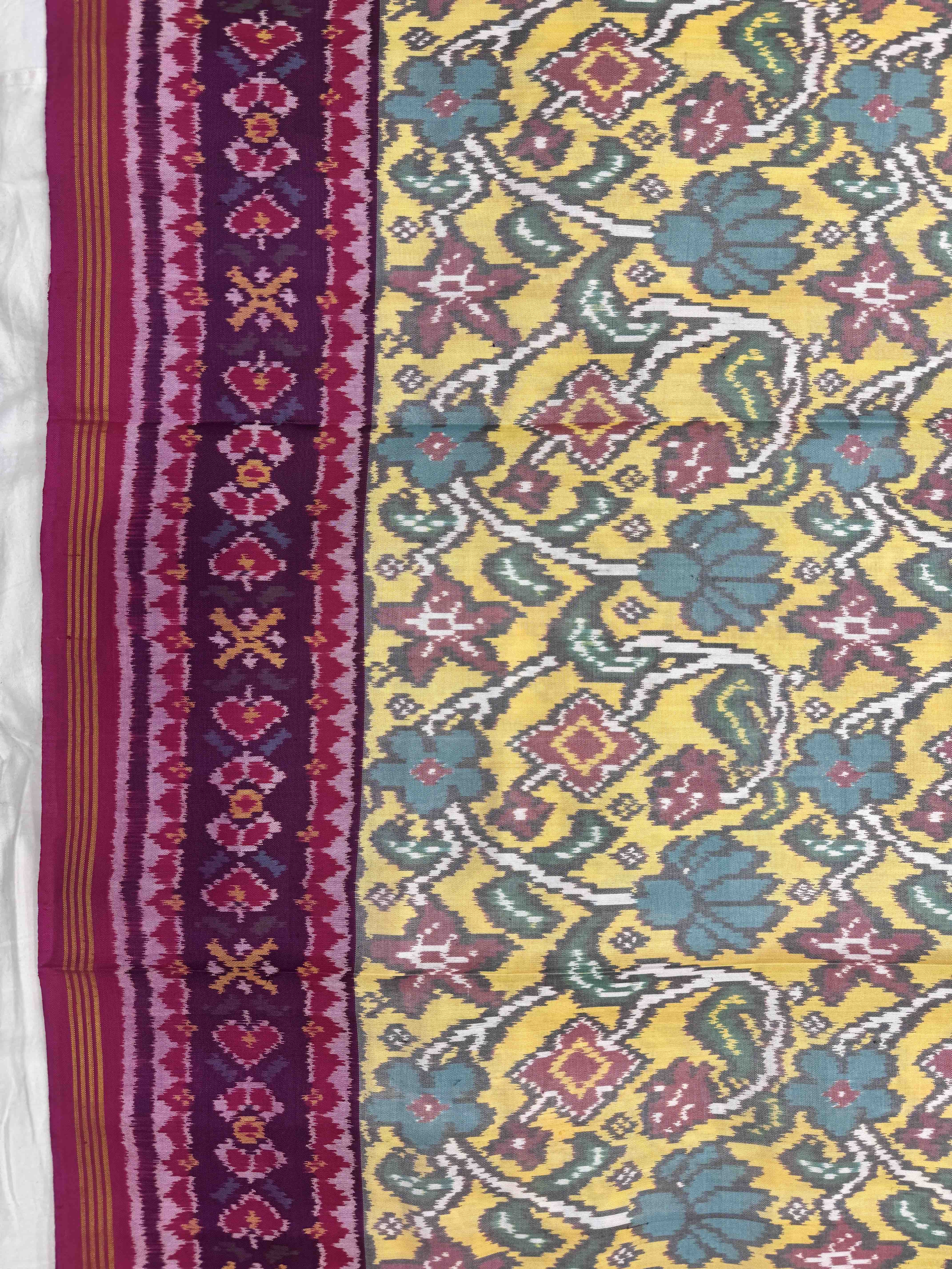 Pink & Light Yellow Fancy Flower Leaves Single Ikat Patan Patola Saree