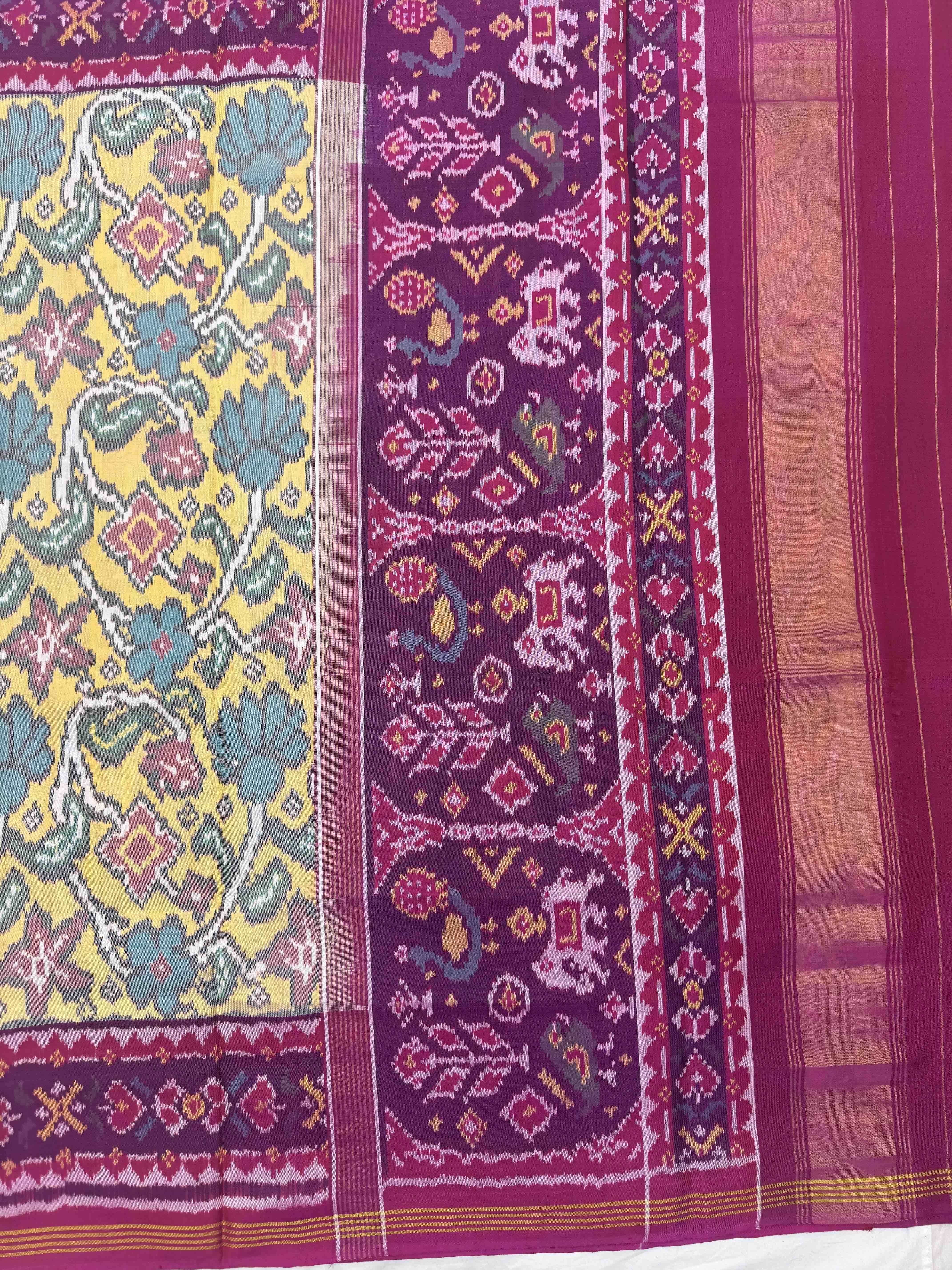 Pink & Light Yellow Fancy Flower Leaves Single Ikat Patan Patola Saree