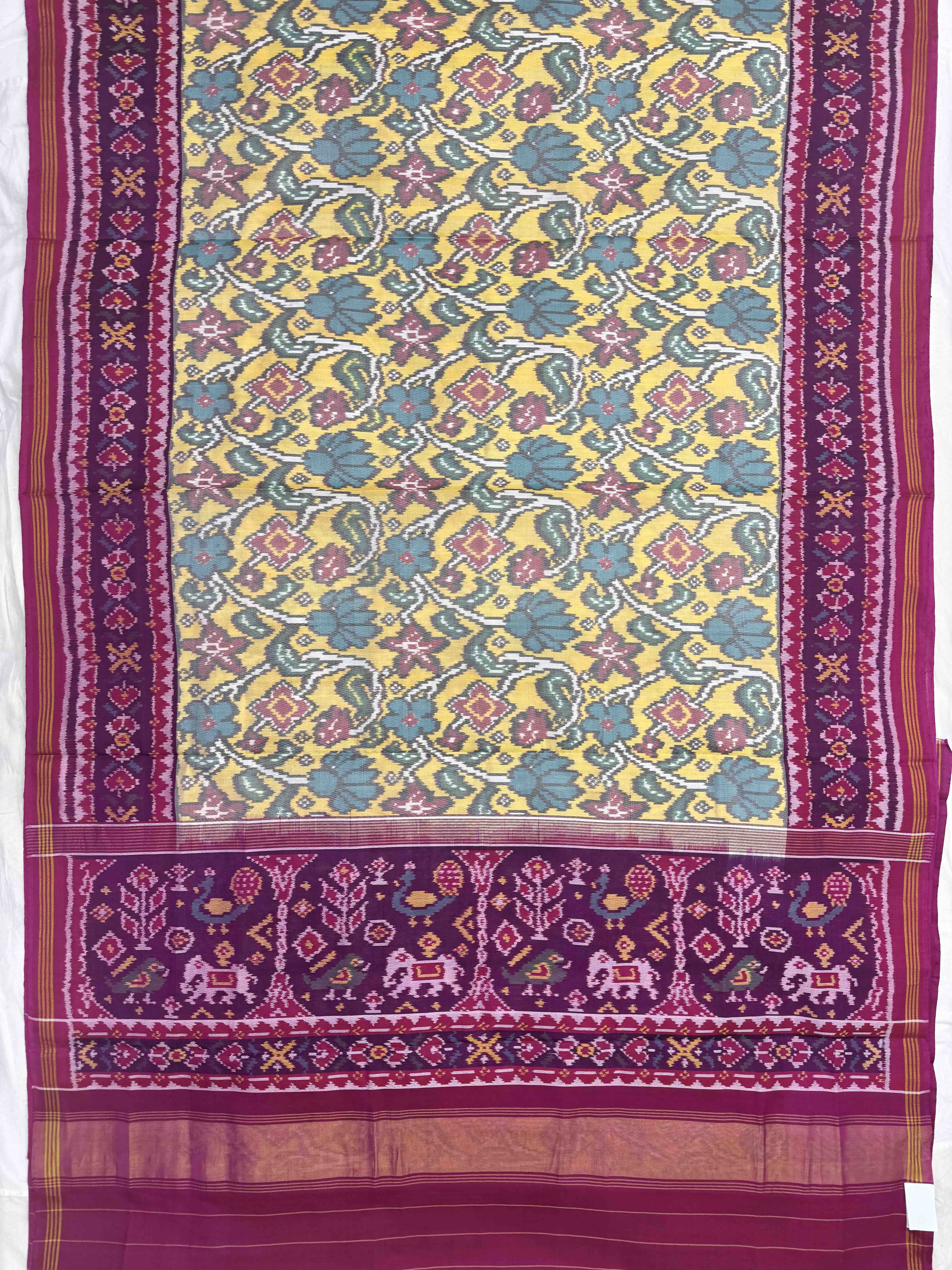 Pink & Light Yellow Fancy Flower Leaves Single Ikat Patan Patola Saree