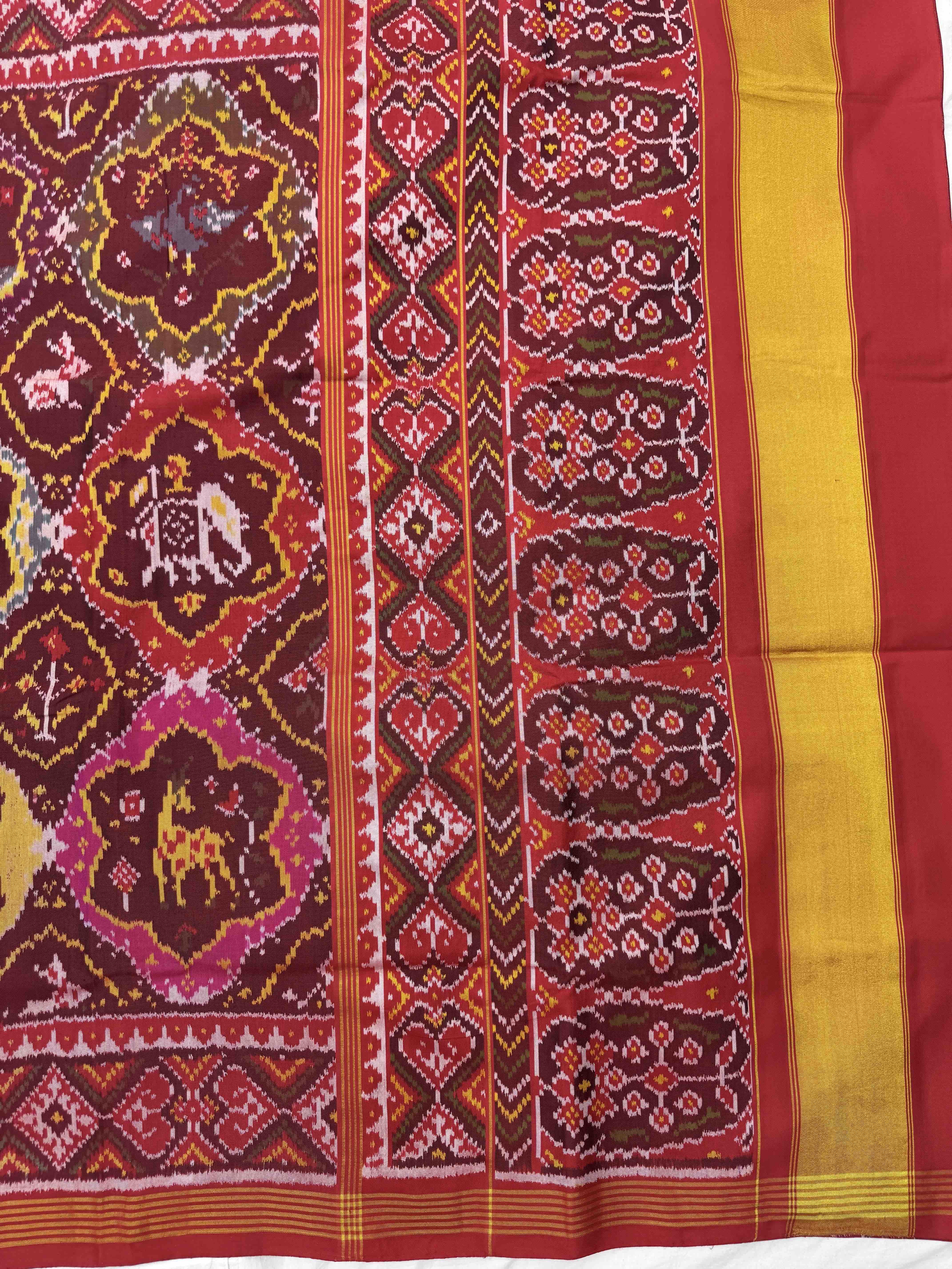 Red & Maroon with Multicolor Fancy Narikunj Single Ikat Patan Patola Saree