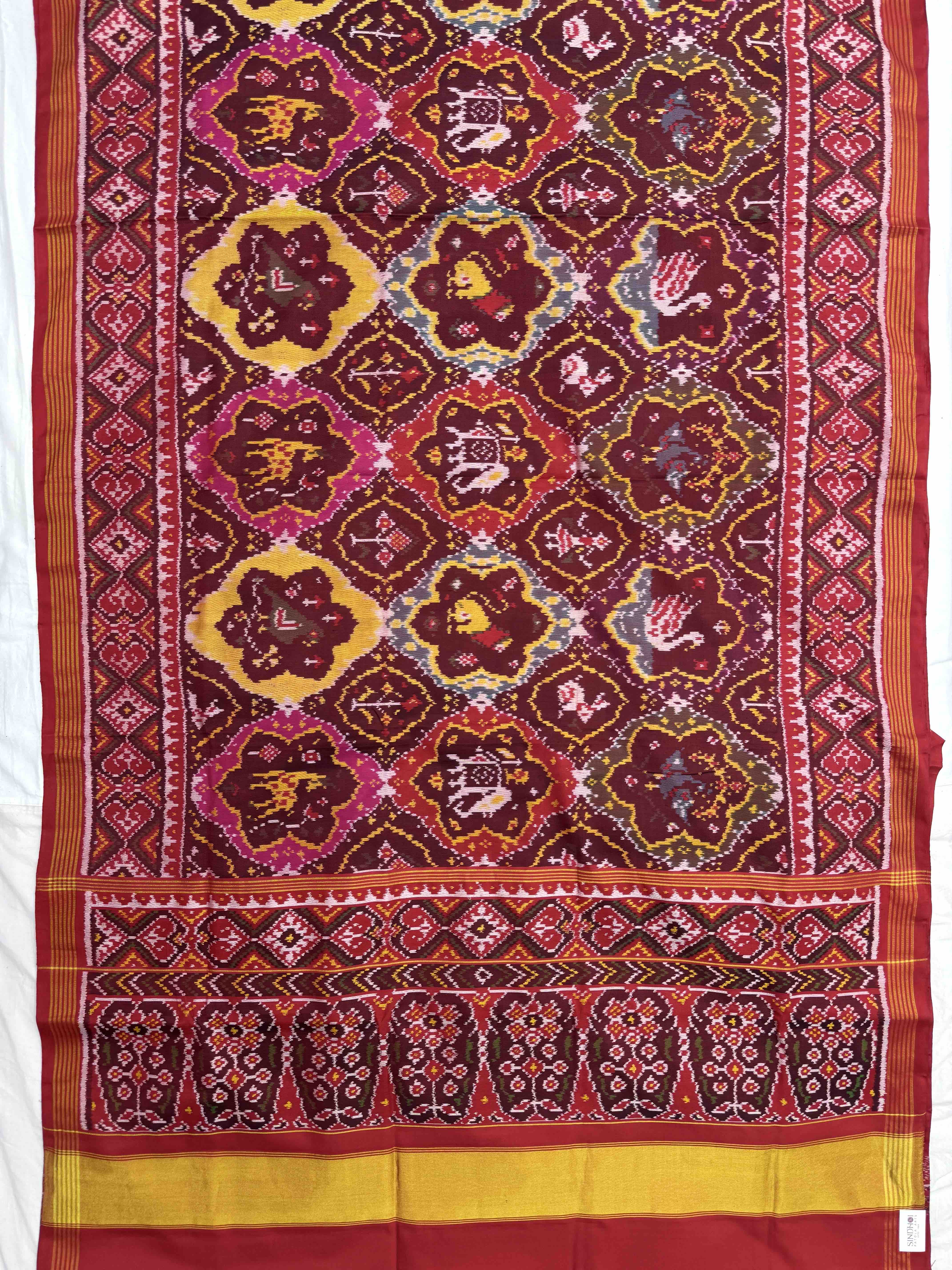 Red & Maroon with Multicolor Fancy Narikunj Single Ikat Patan Patola Saree