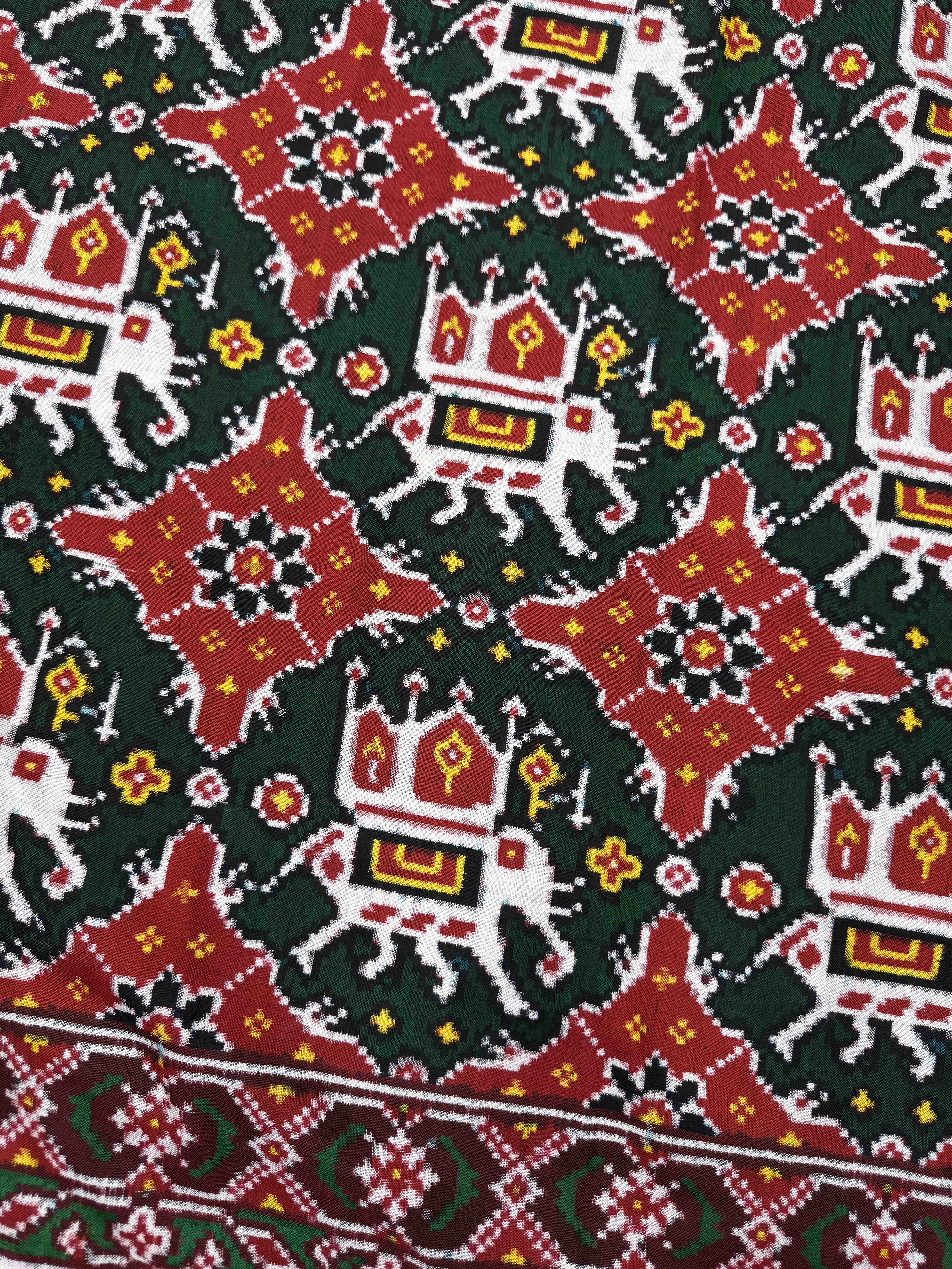 Red & Green Elephant Chhabdi Double Ikat Patan Patola Saree
