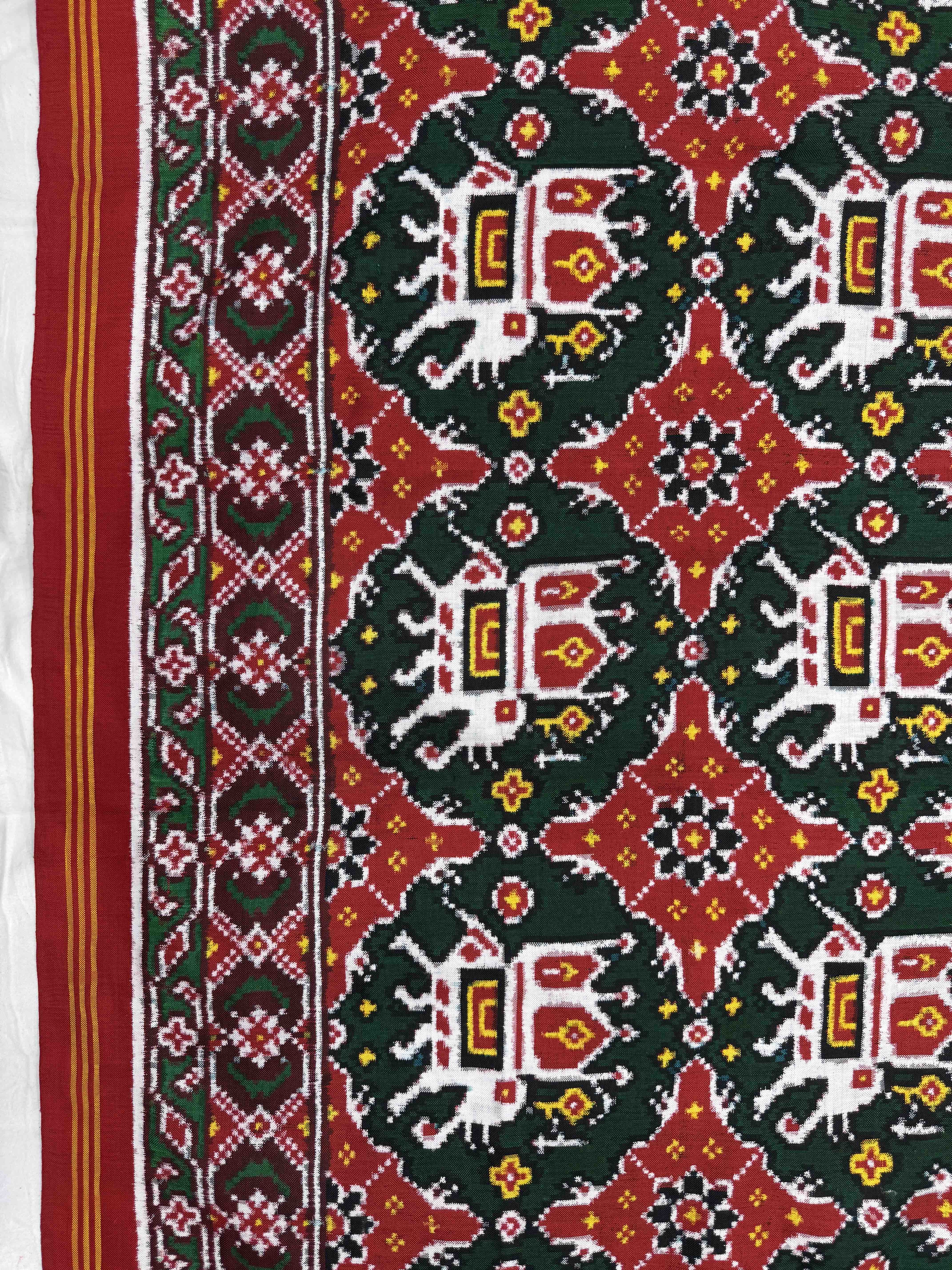 Red & Green Elephant Chhabdi Double Ikat Patan Patola Saree