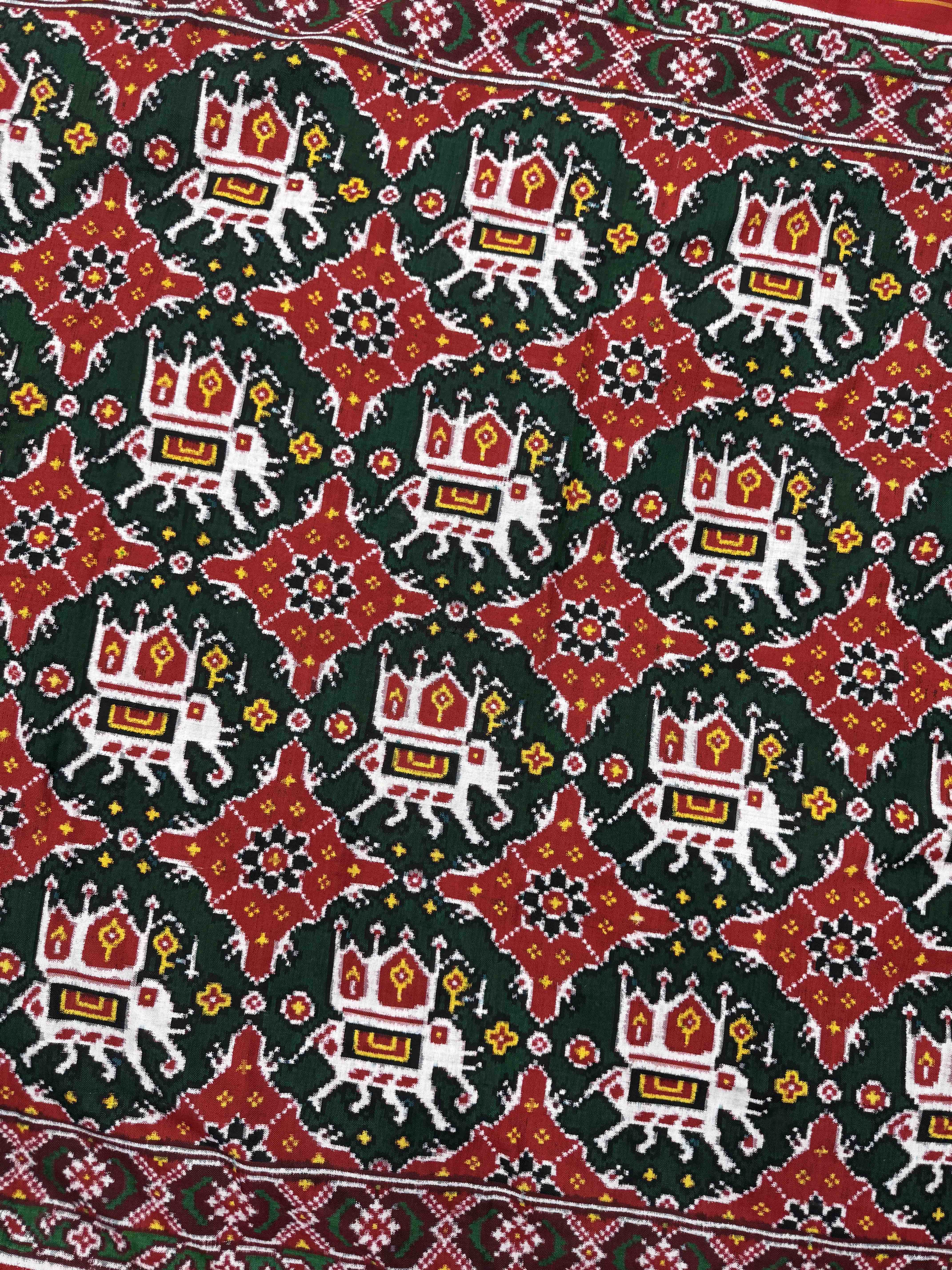 Red & Green Elephant Chhabdi Double Ikat Patan Patola Saree