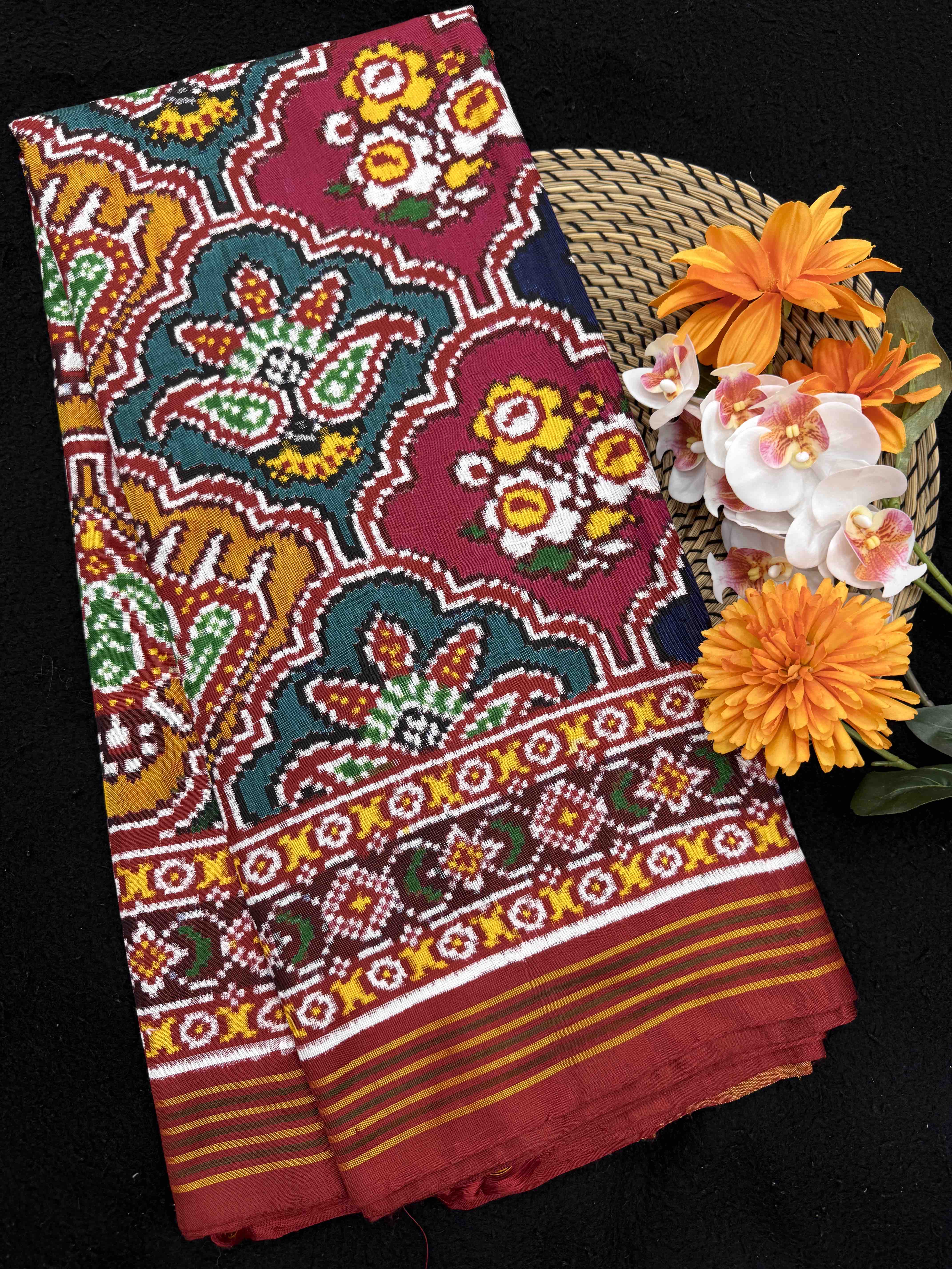 Red & Multicolor Fancy Flower Double Ikat Patan Patola Saree