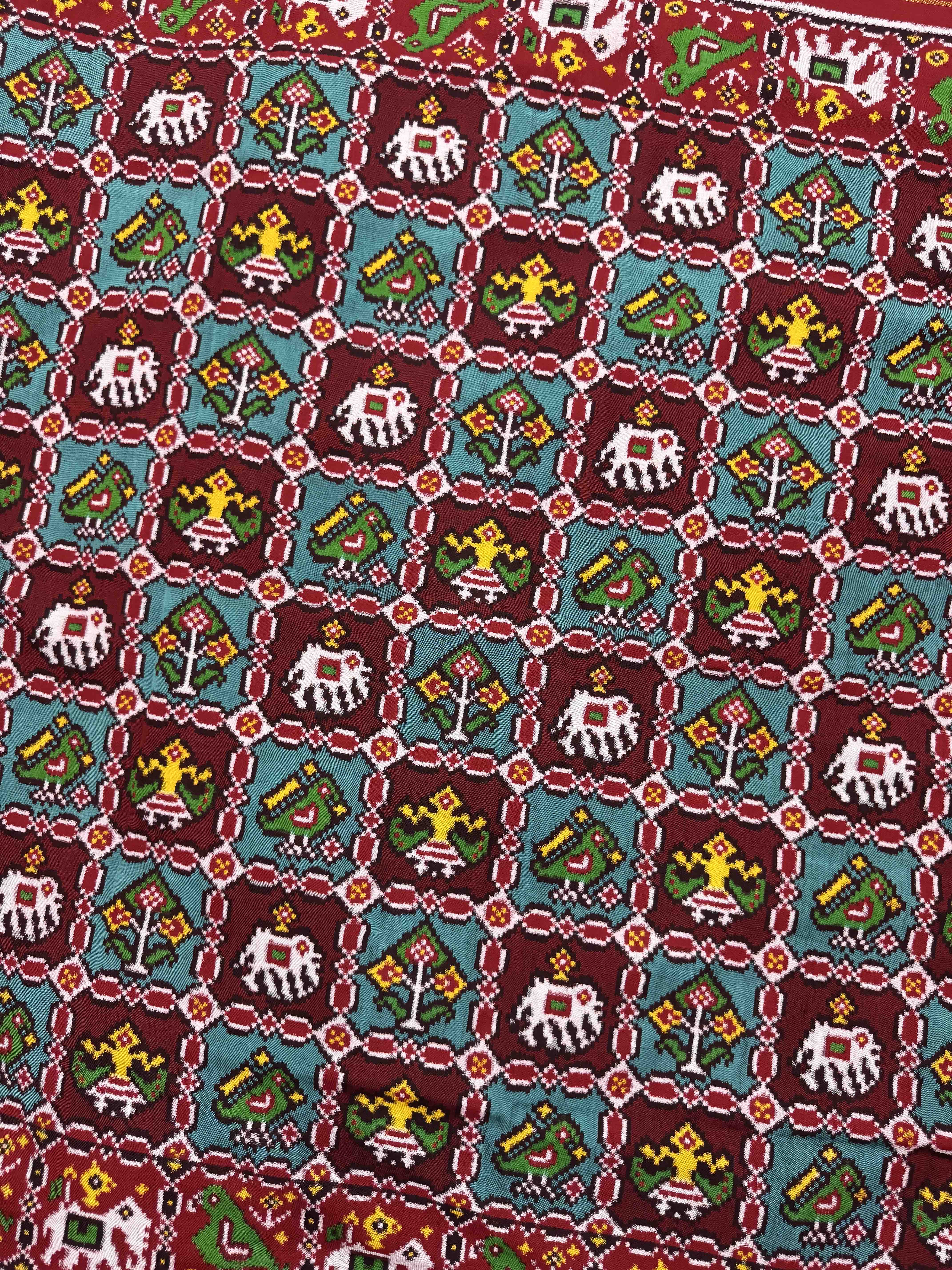 Red Maroon with Turquoise Small Narikunj Double Ikat Patan Patola Saree