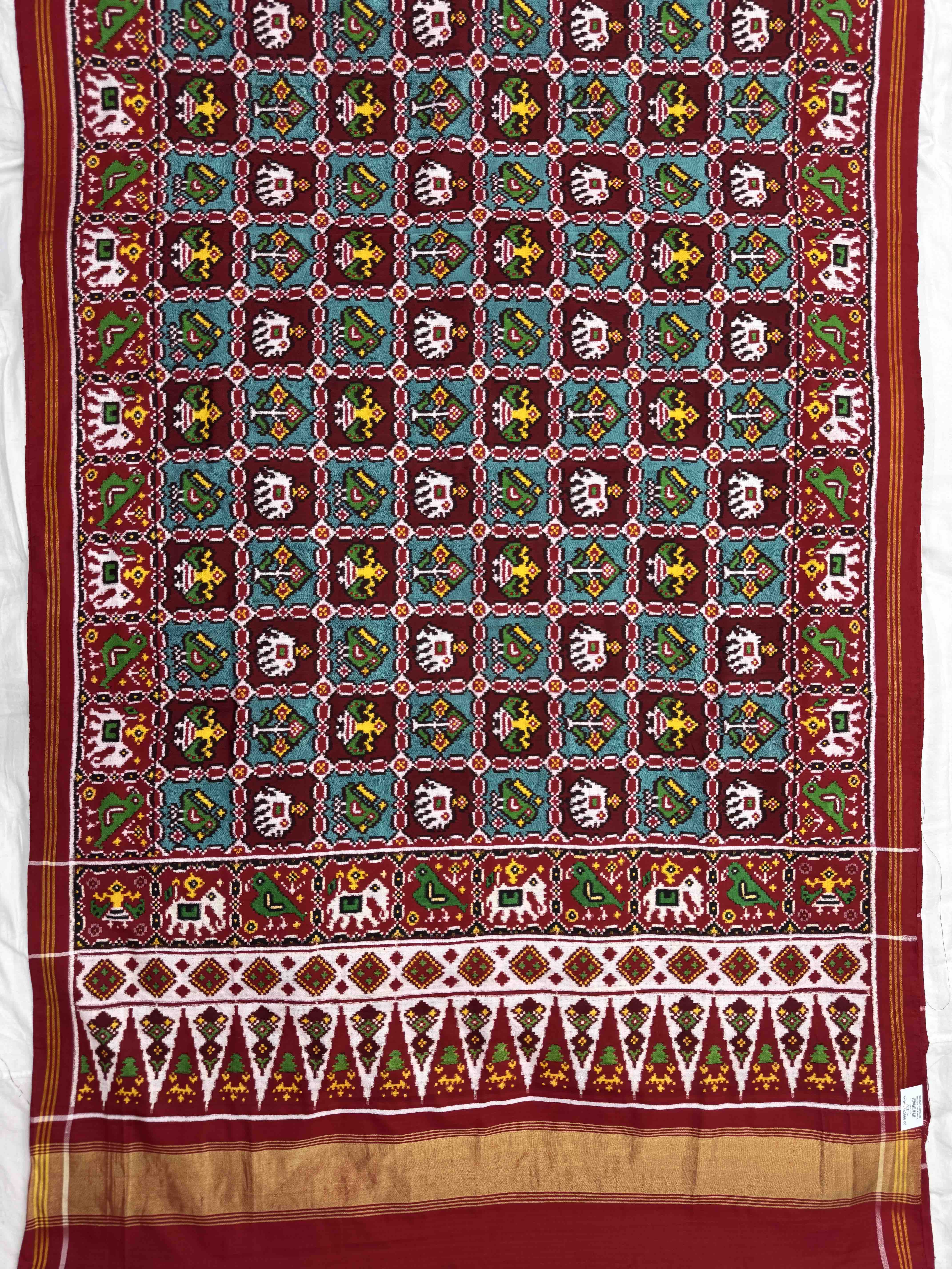 Red Maroon with Turquoise Small Narikunj Double Ikat Patan Patola Saree