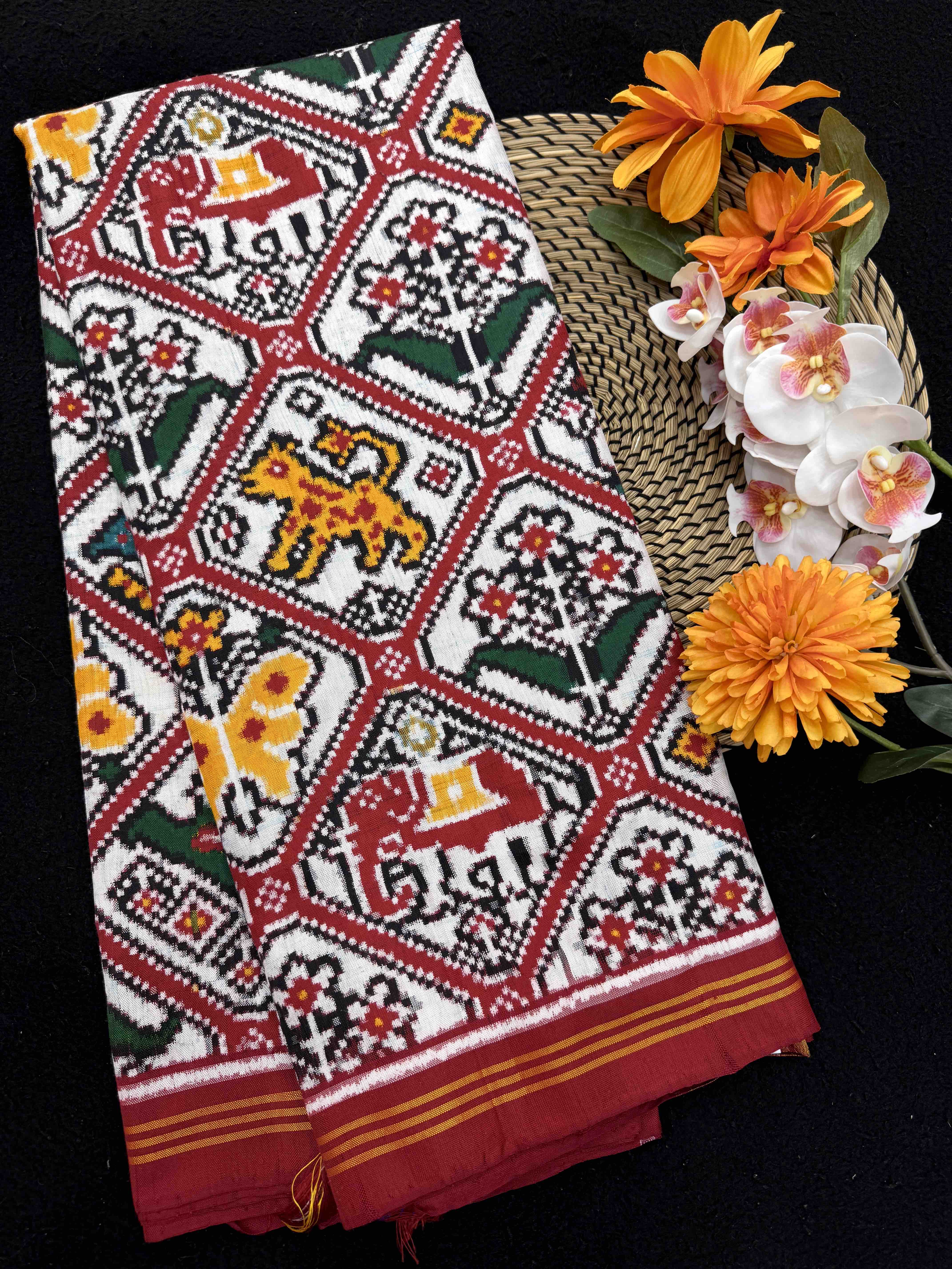 Red & White Narikunj Double Ikat Patan Patola Saree