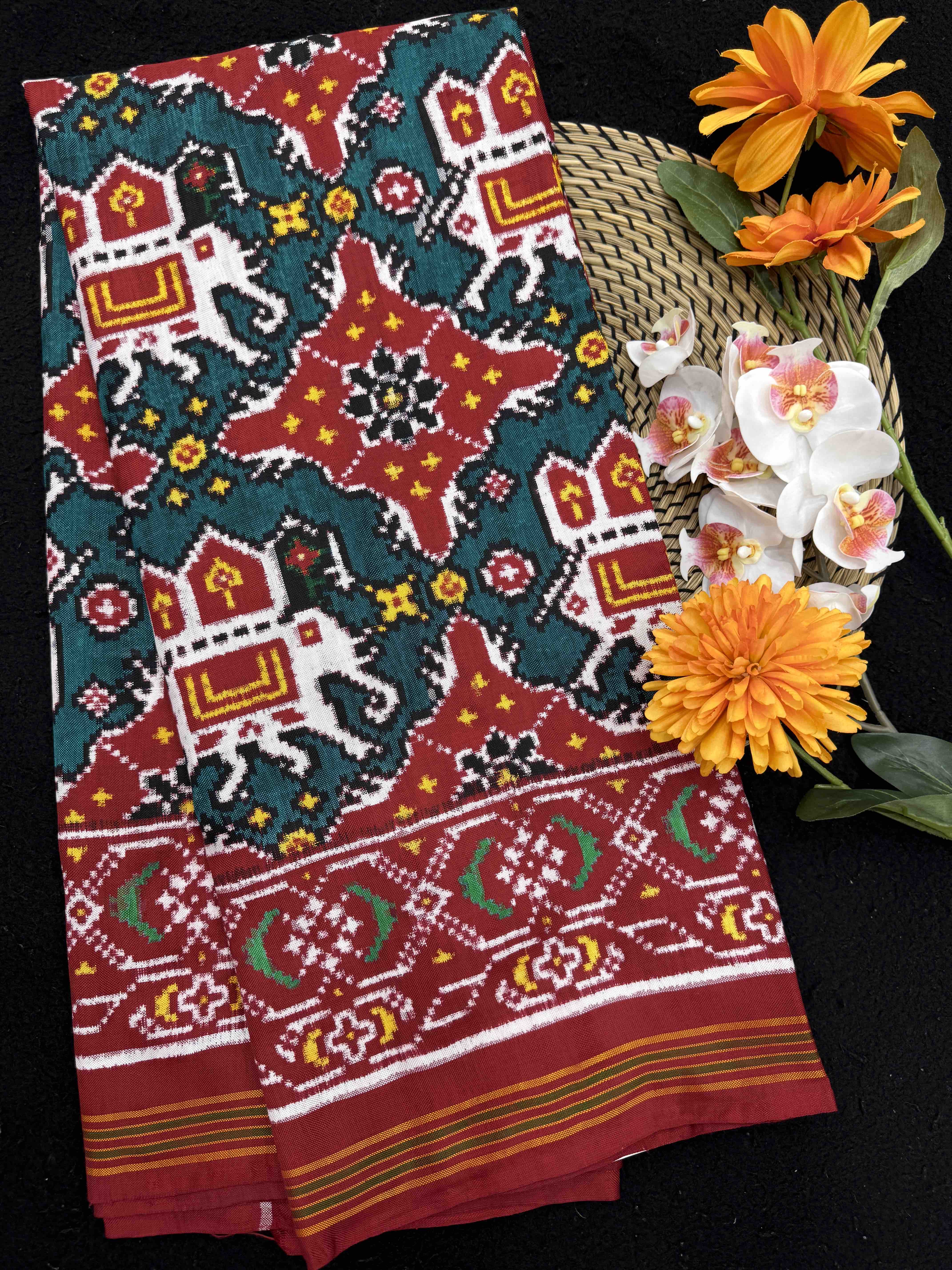 Red & Turquoise Elephant Chhabdi Double Ikat Patan Patola Saree