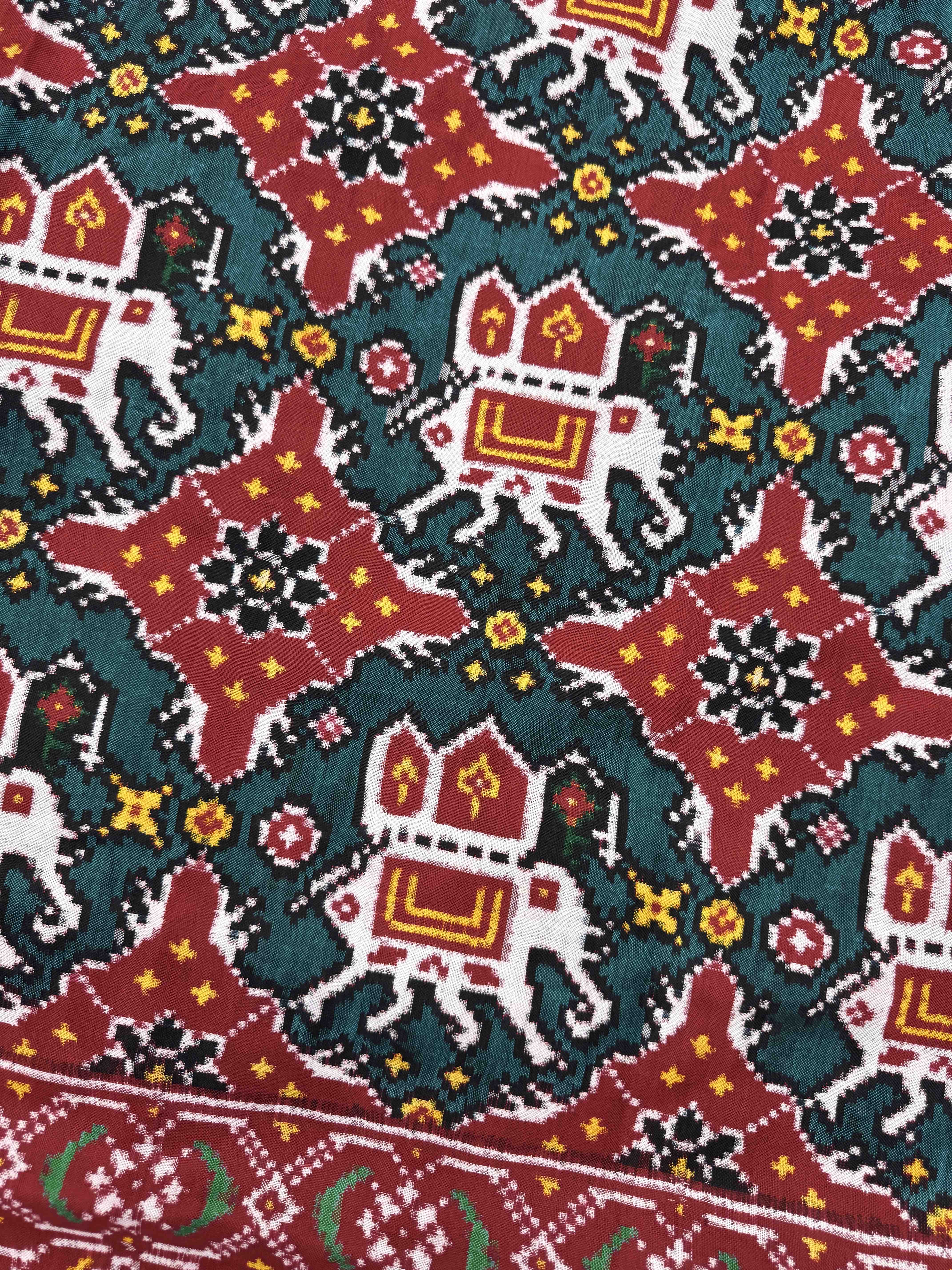 Red & Turquoise Elephant Chhabdi Double Ikat Patan Patola Saree
