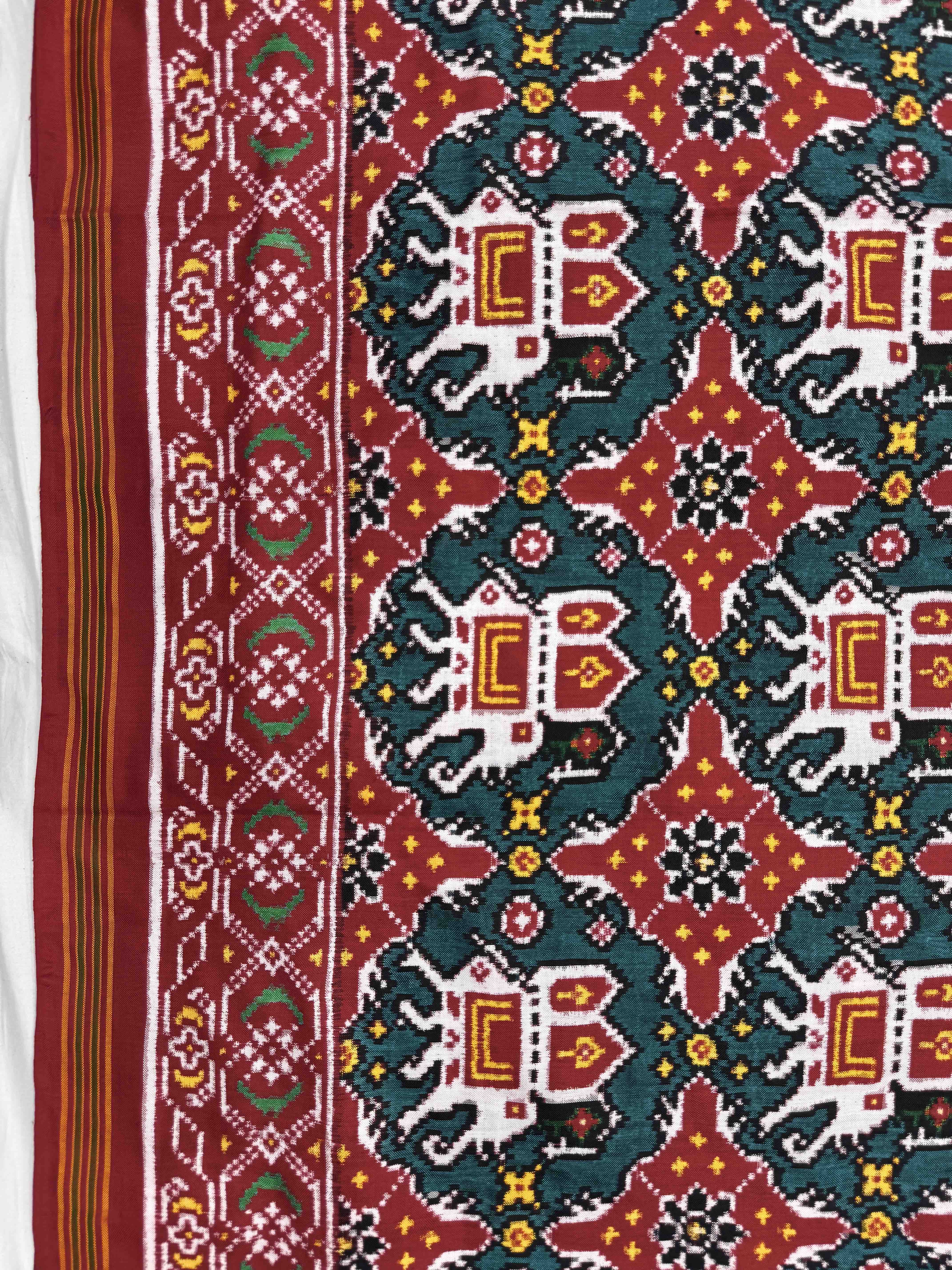 Red & Turquoise Elephant Chhabdi Double Ikat Patan Patola Saree