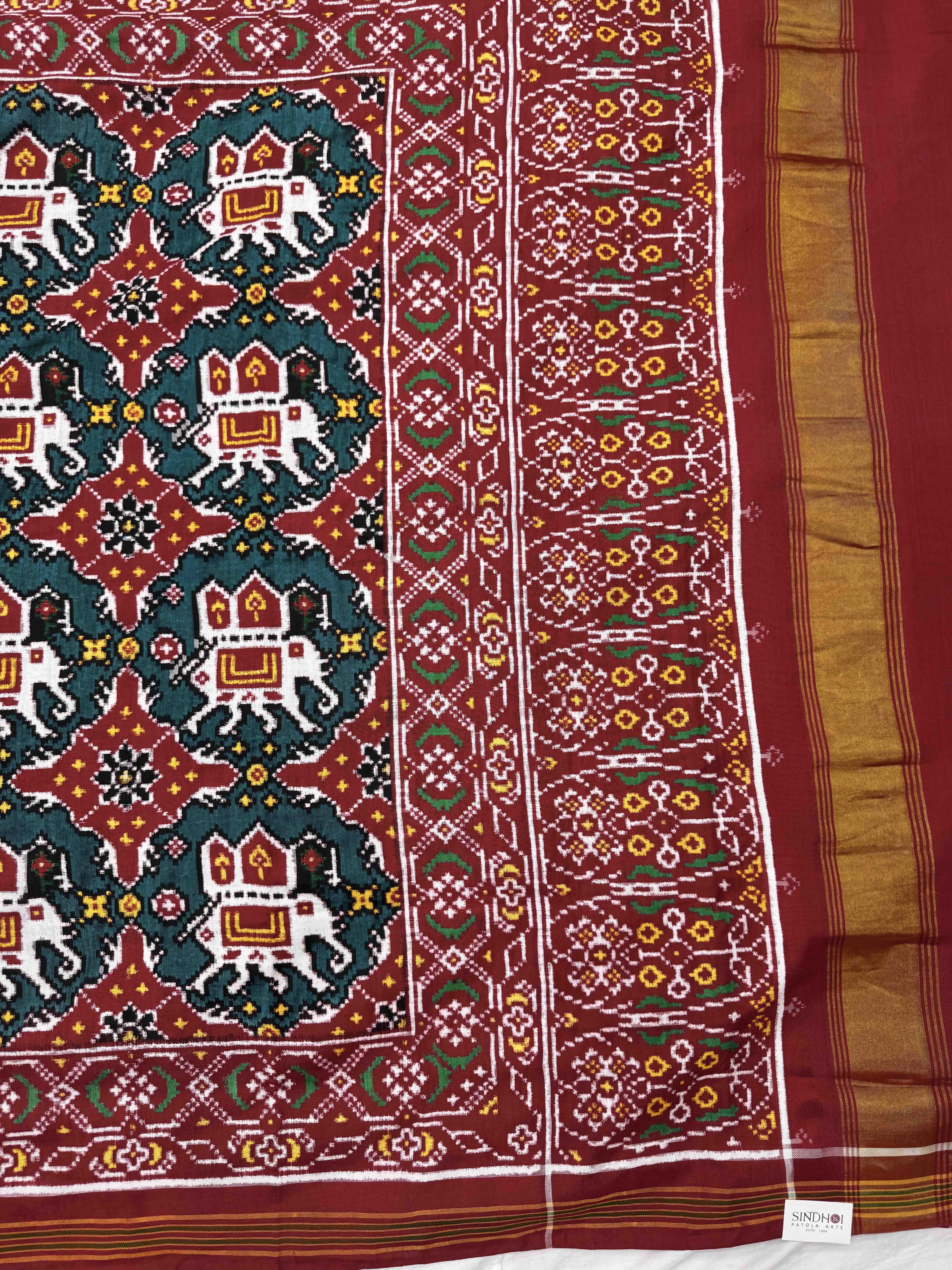 Red & Turquoise Elephant Chhabdi Double Ikat Patan Patola Saree