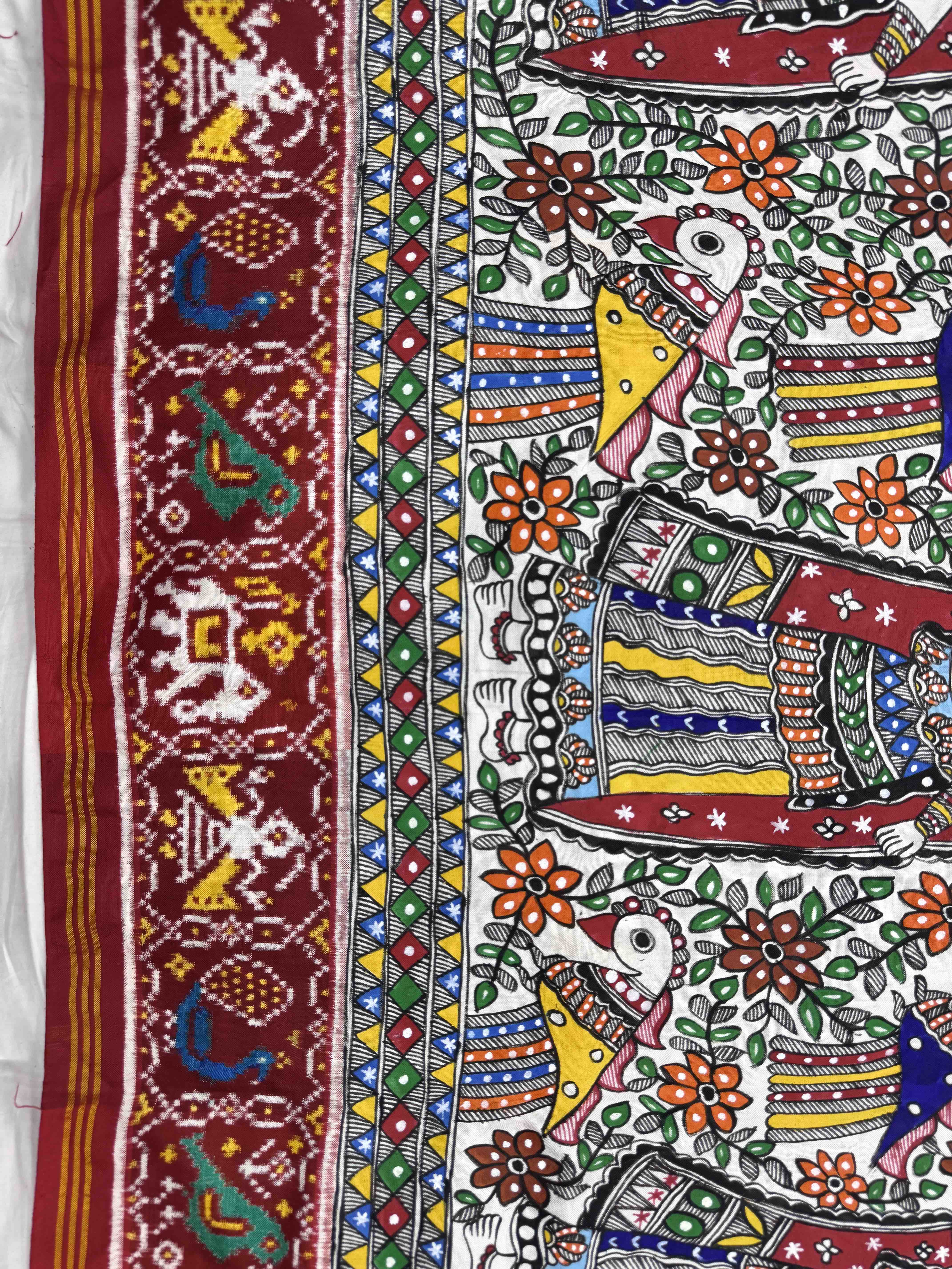 Red & White Madhubani Hand Painting with Fusion Design Double Ikat Patan Patola Saree