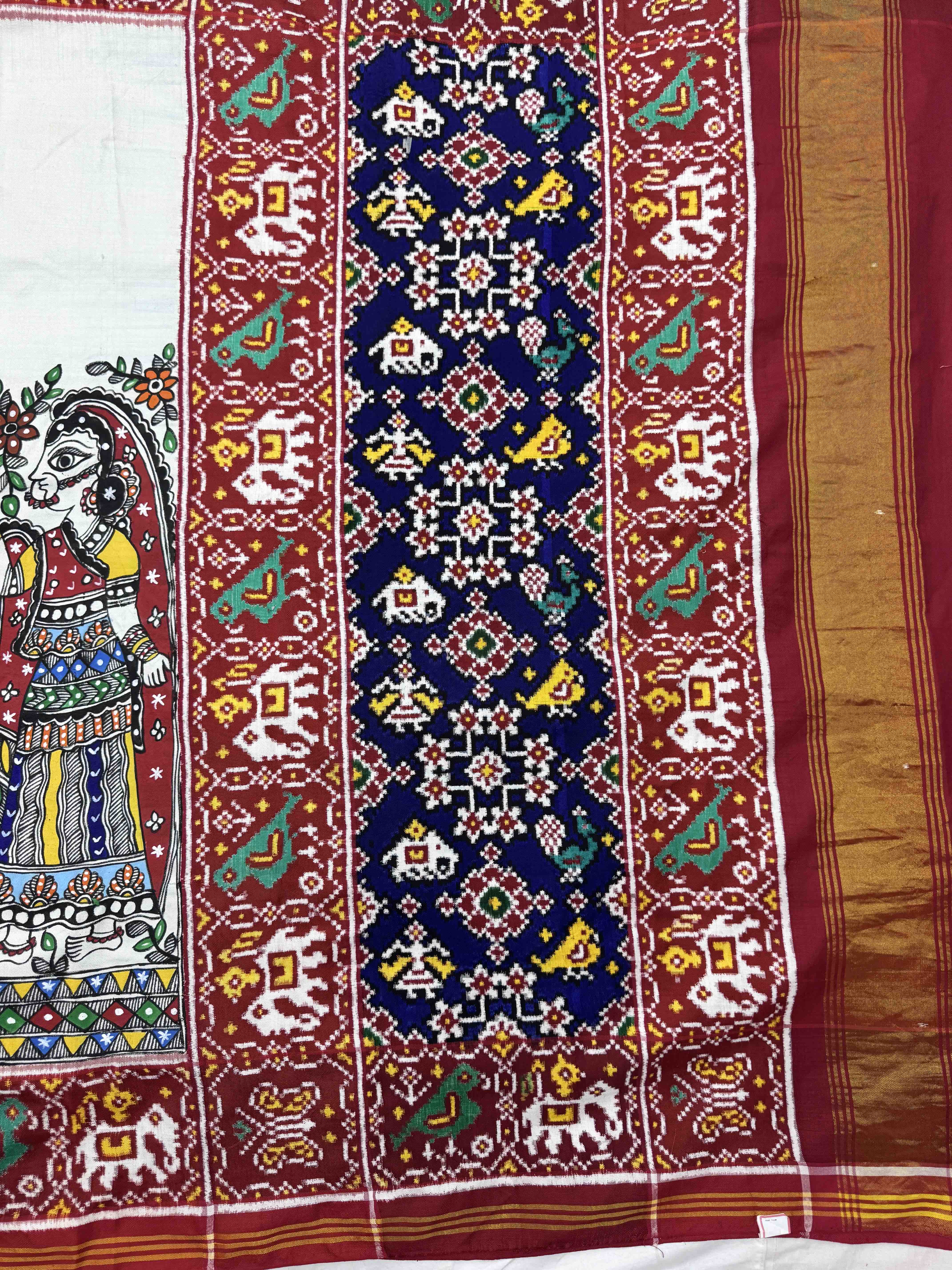 Red & White Madhubani Hand Painting with Fusion Design Double Ikat Patan Patola Saree