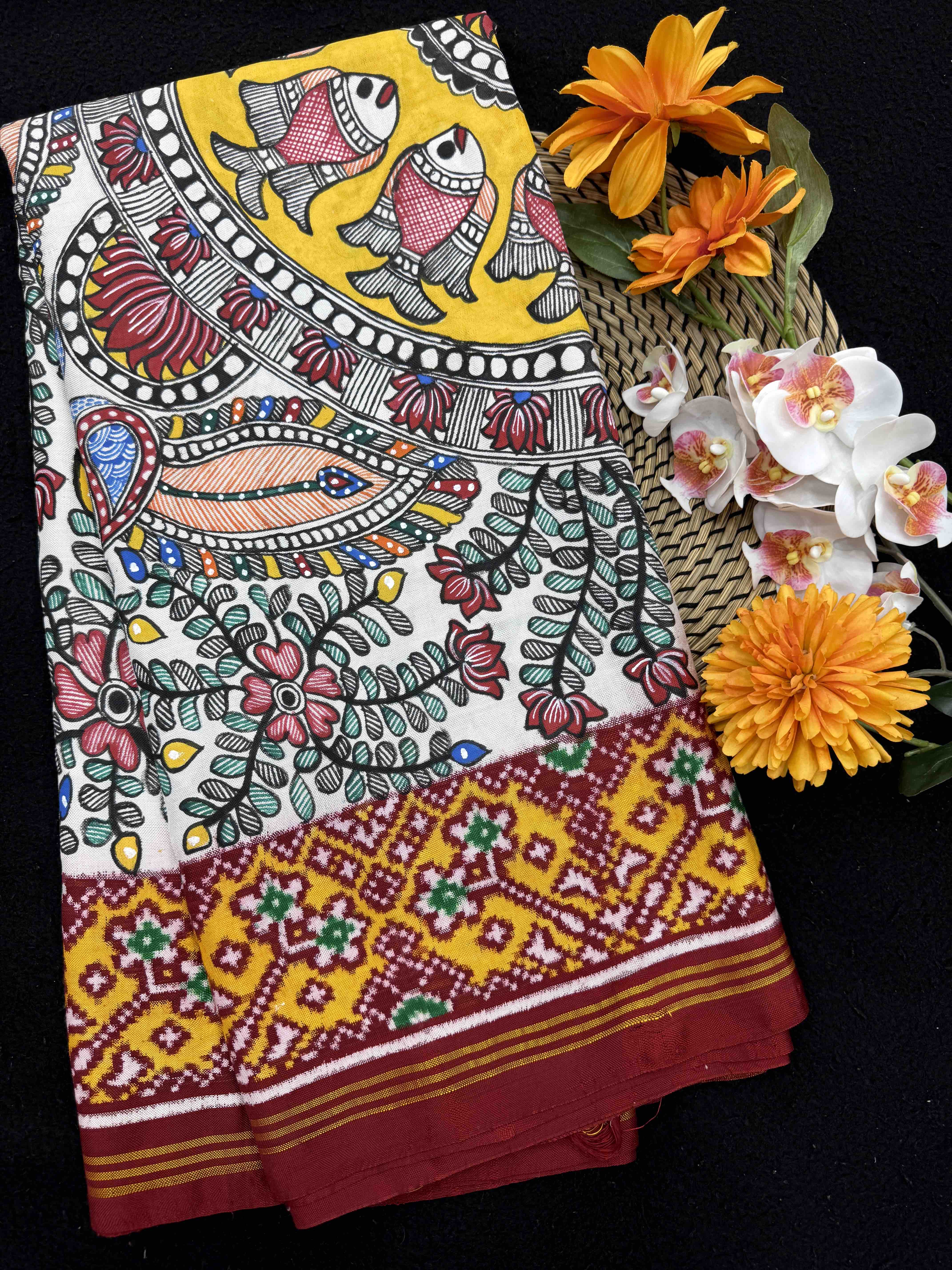 Red & White Madhubani Hand Painting with Fusion Design Double Ikat Patan Patola Saree