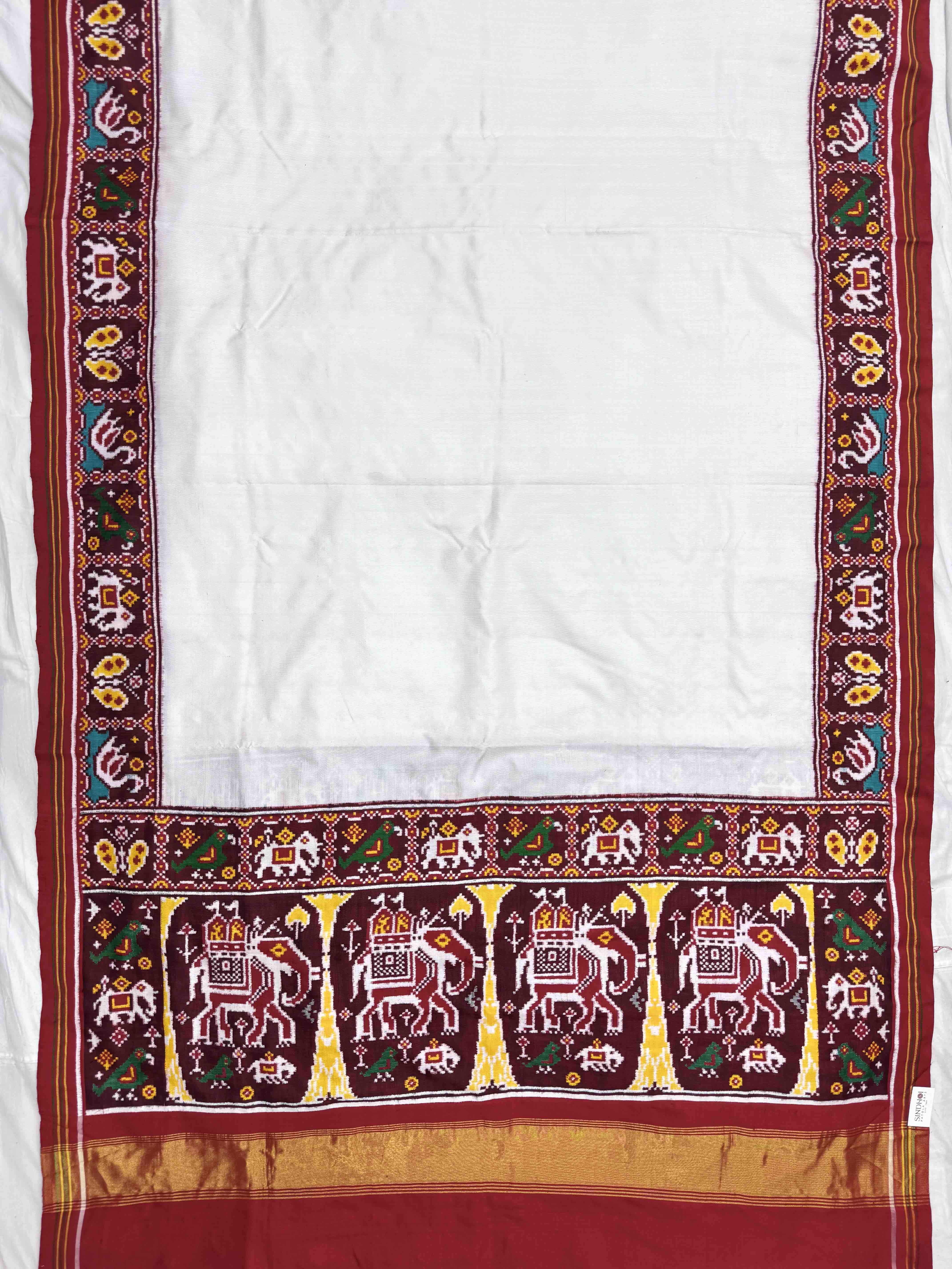 Red & White with Elephant Figure Pallu Double Ikat Patan Patola Saree
