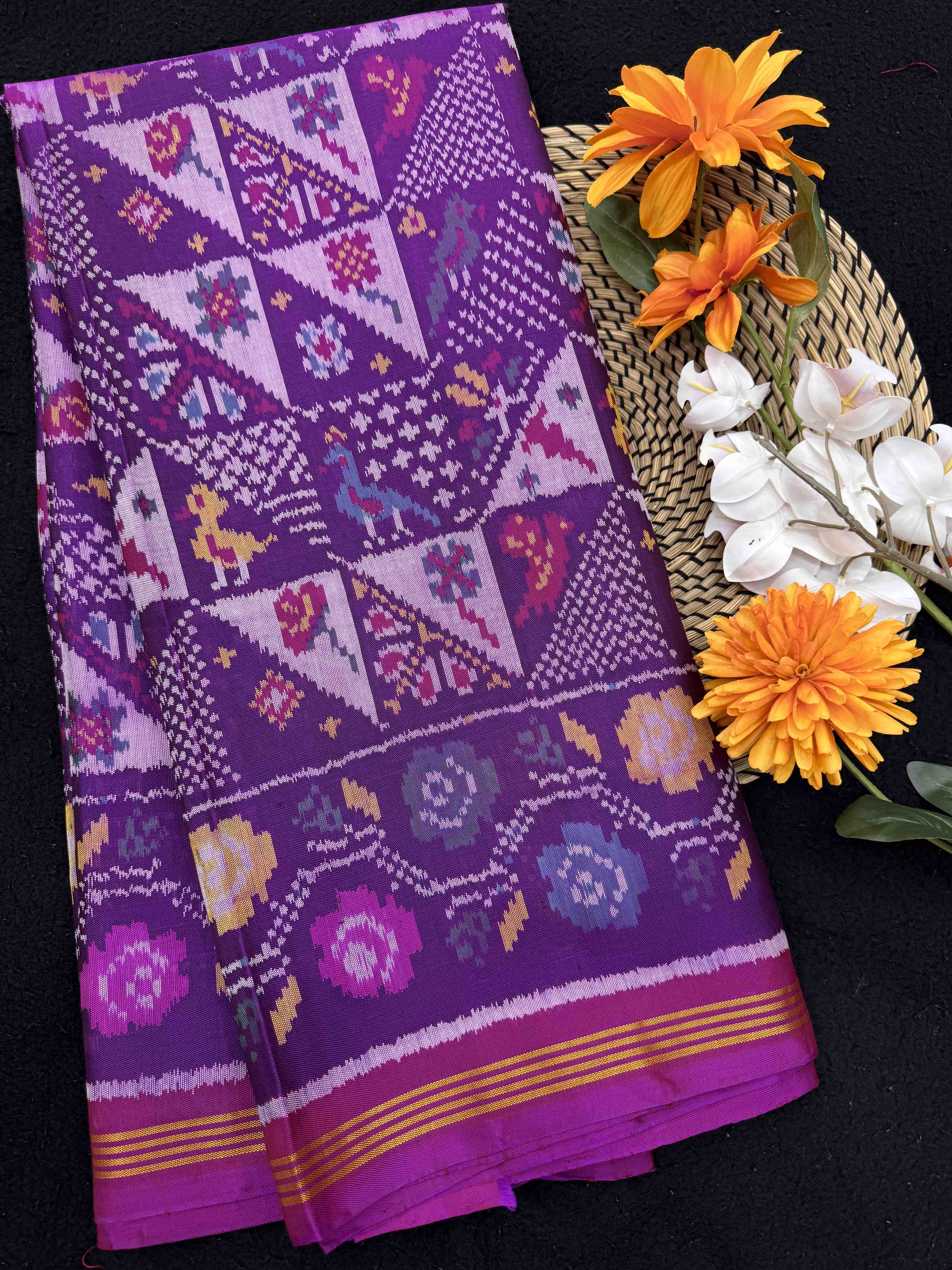 Purple Fancy Flower Birds Single Ikat Patan Patola Saree