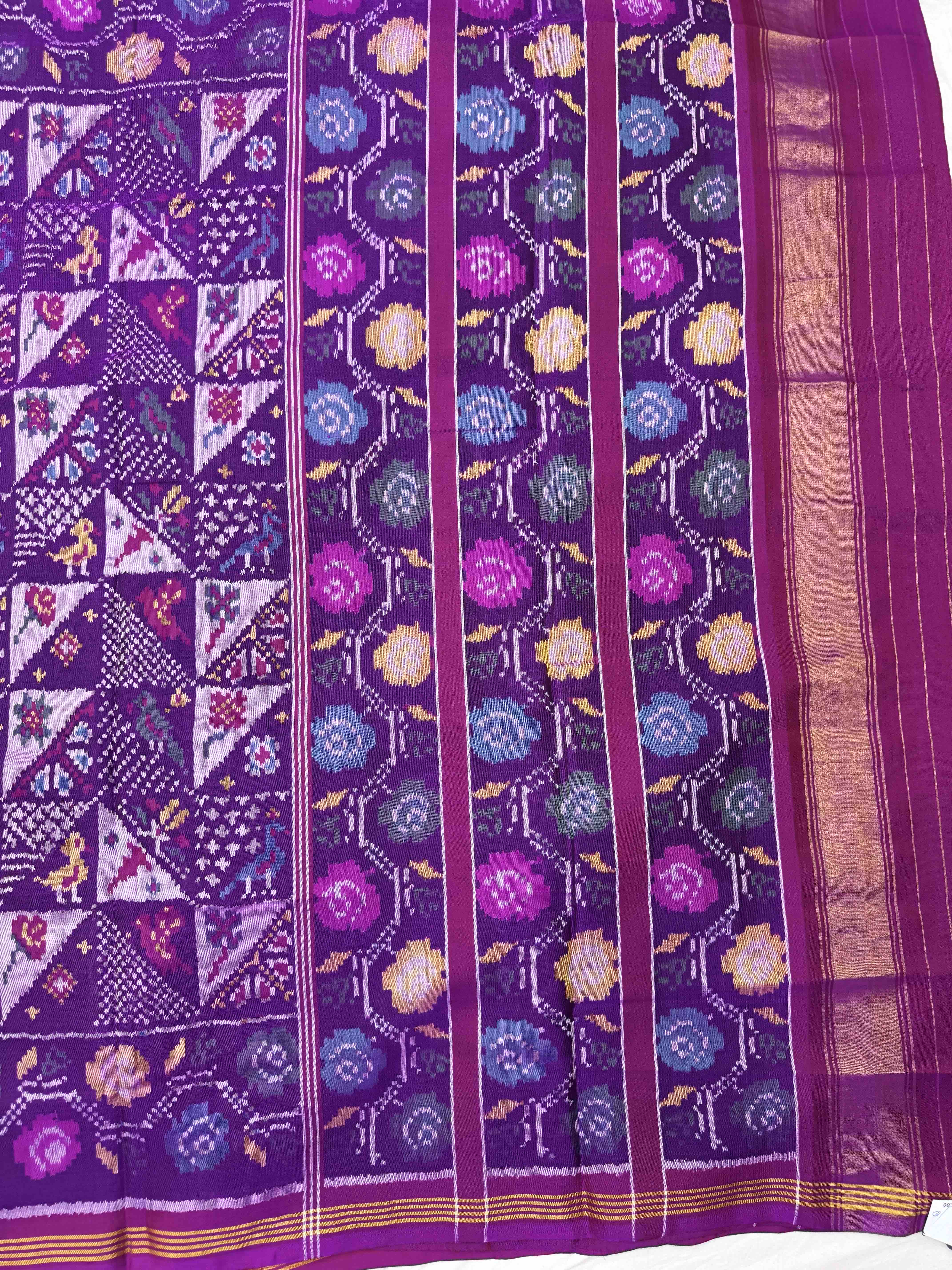 Purple Fancy Flower Birds Single Ikat Patan Patola Saree