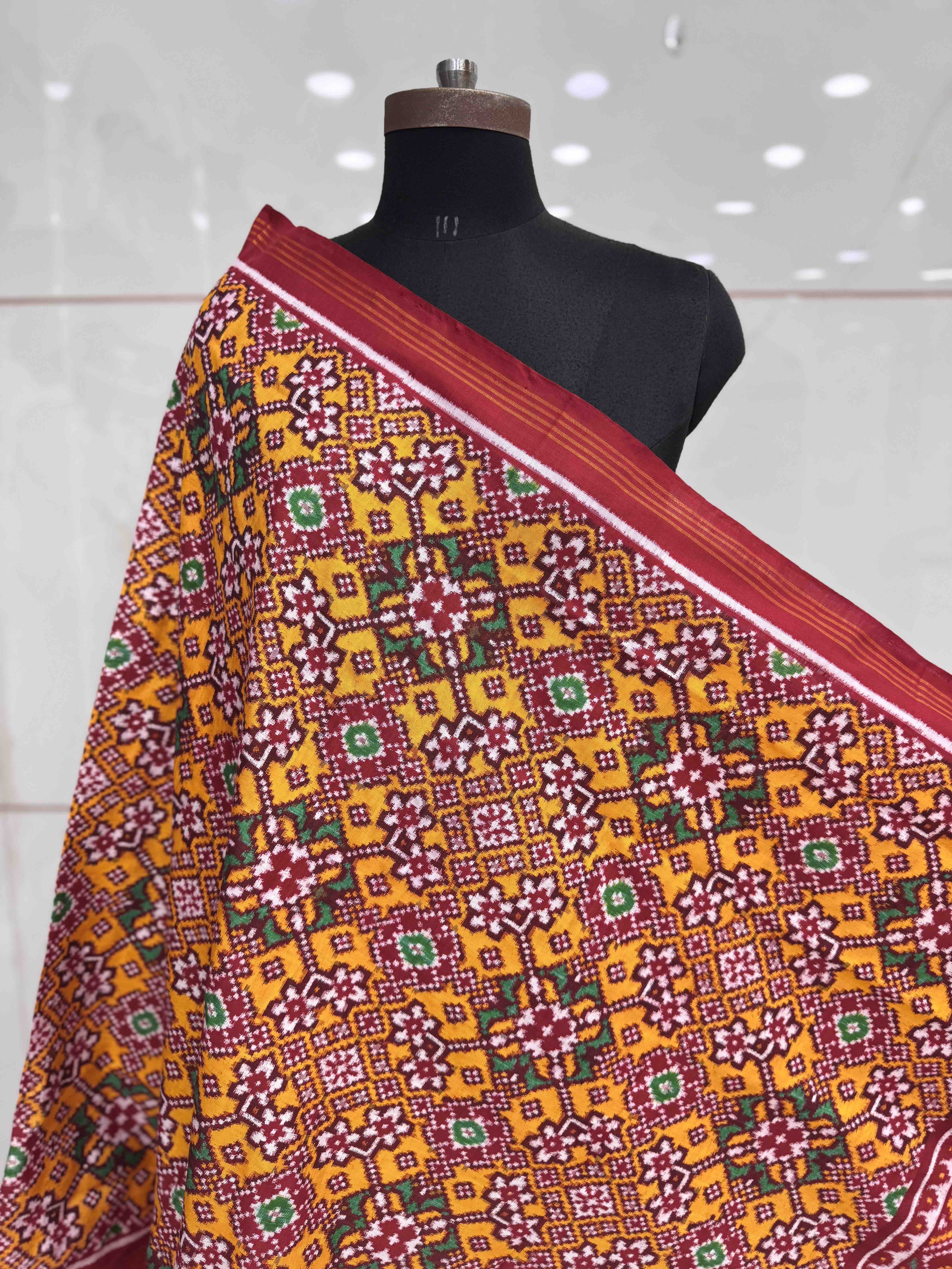 Red & Yellow Navratan Double Ikat Patola Patola Dupatta