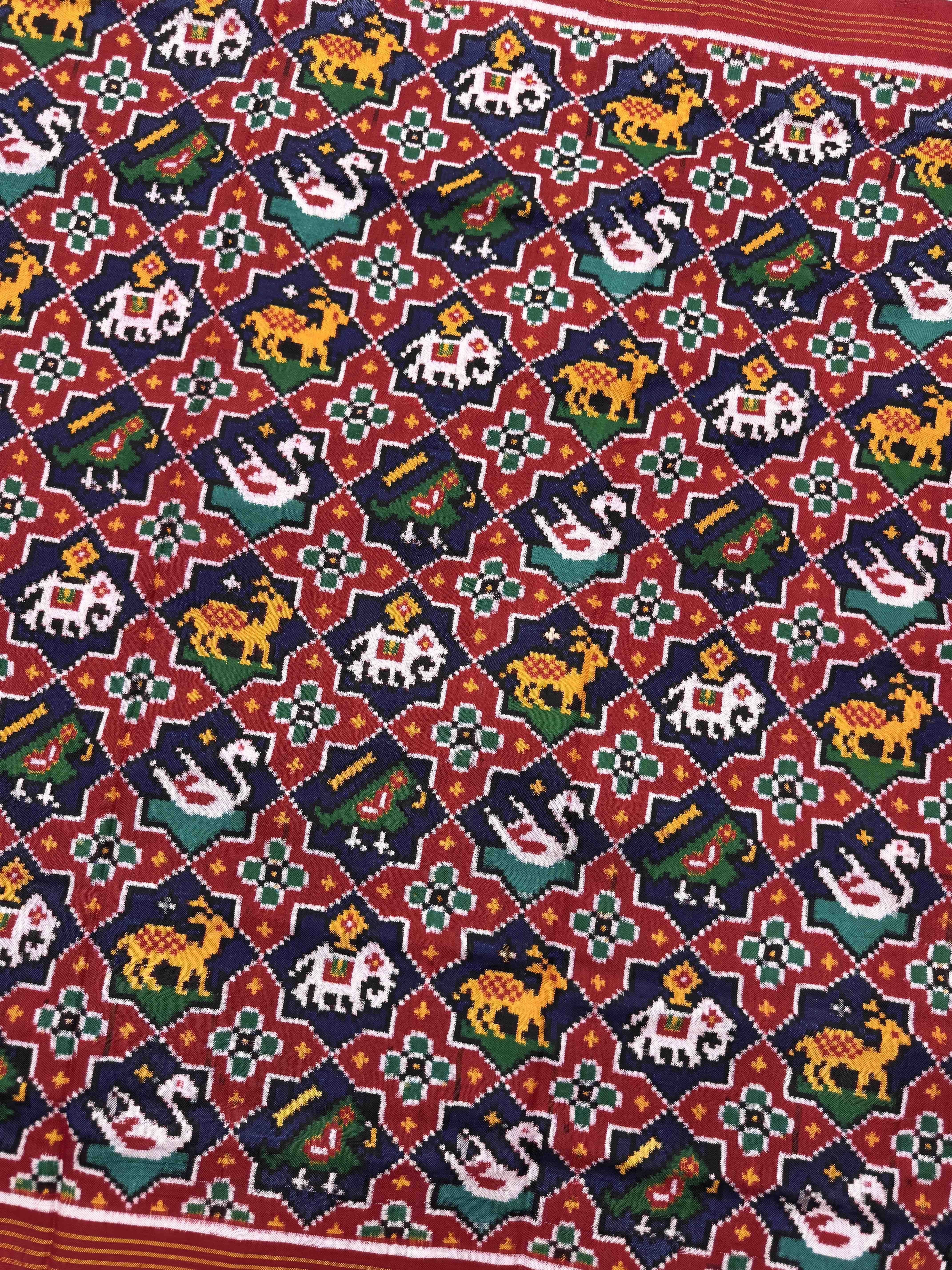 Red & Blue Star Narikunj Double Ikat Patan Patola Dupatta