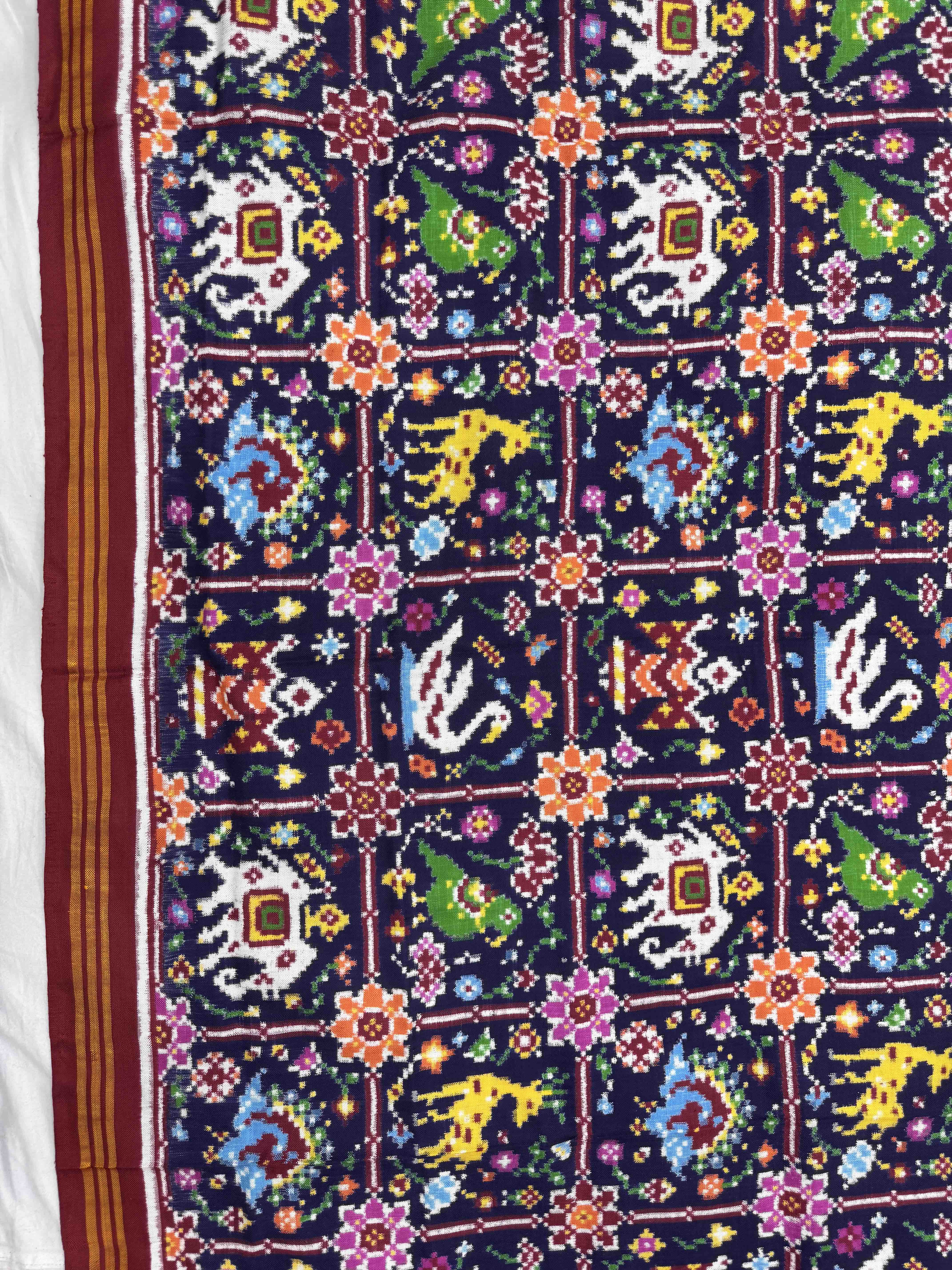 Red & Dark Blue Square Narikunj Flower Double Ikat Patan Patola Dupatta