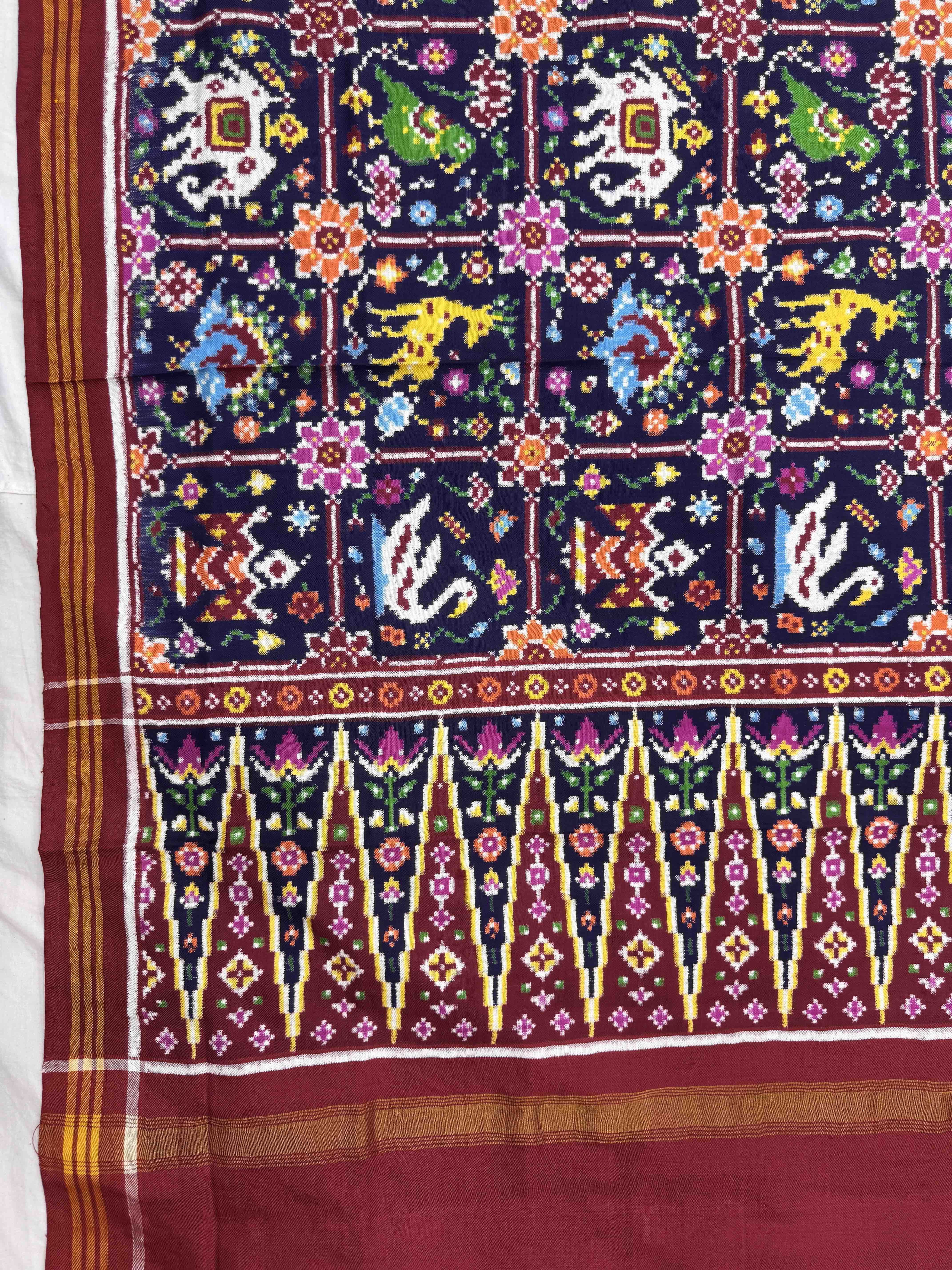 Red & Dark Blue Square Narikunj Flower Double Ikat Patan Patola Dupatta