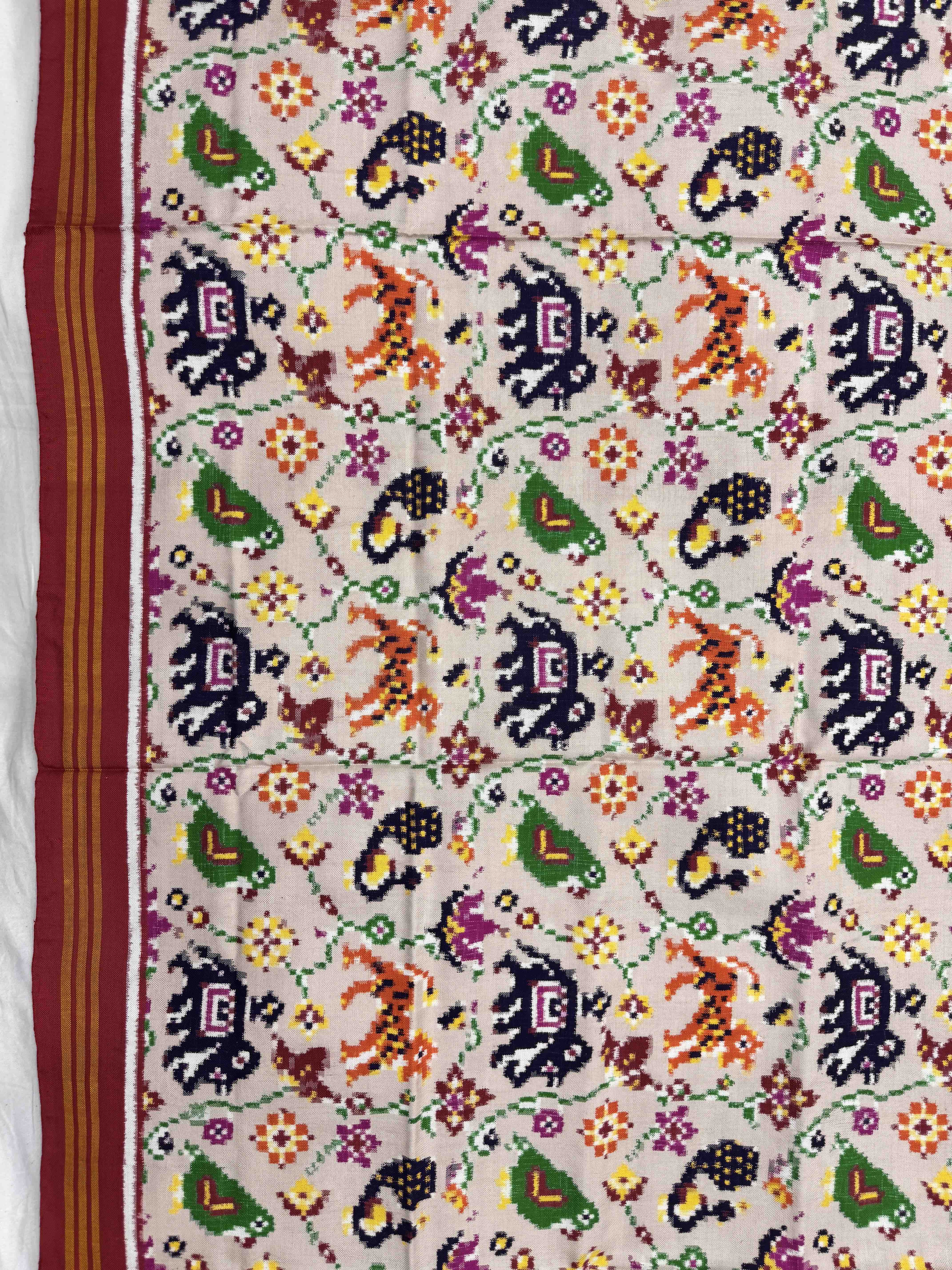 Red & Cream Narikunj Leaves Double Ikat Patan Patola Dupatta