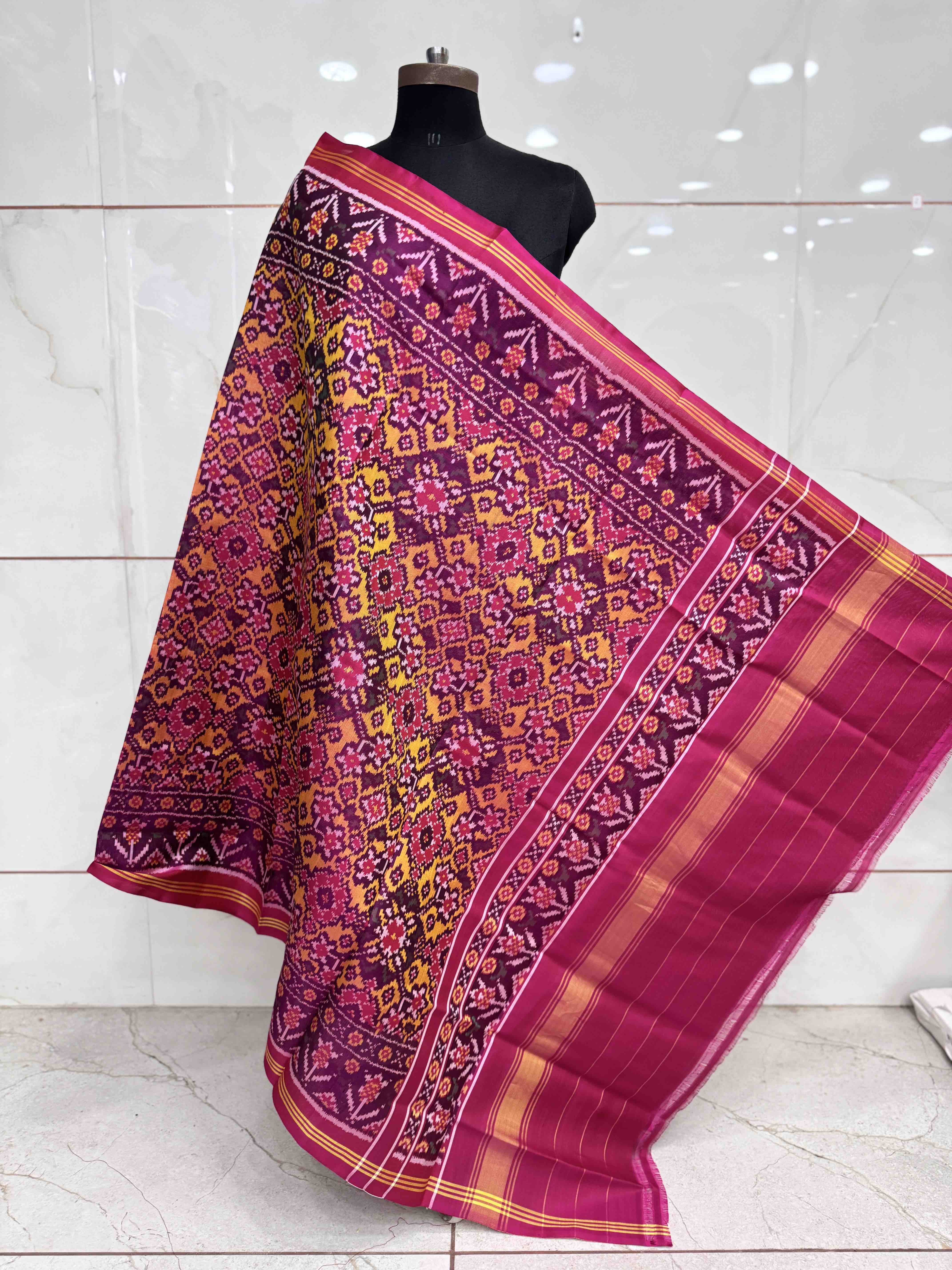 Pink & Yellow Navratan Semi Double Ikat Patola Dupatta