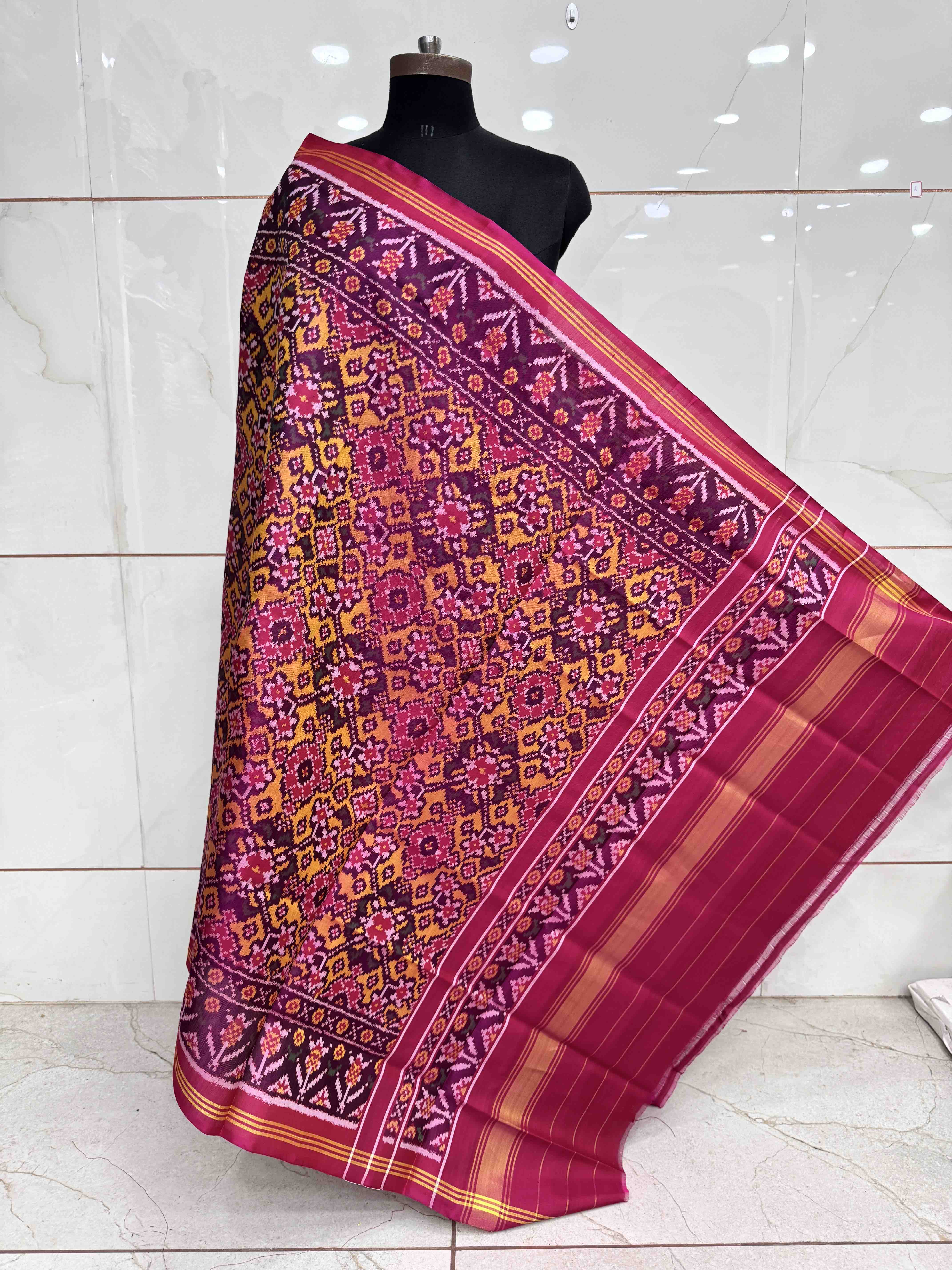 Pink & Yellow Navratan Semi Double Ikat Patola Dupatta