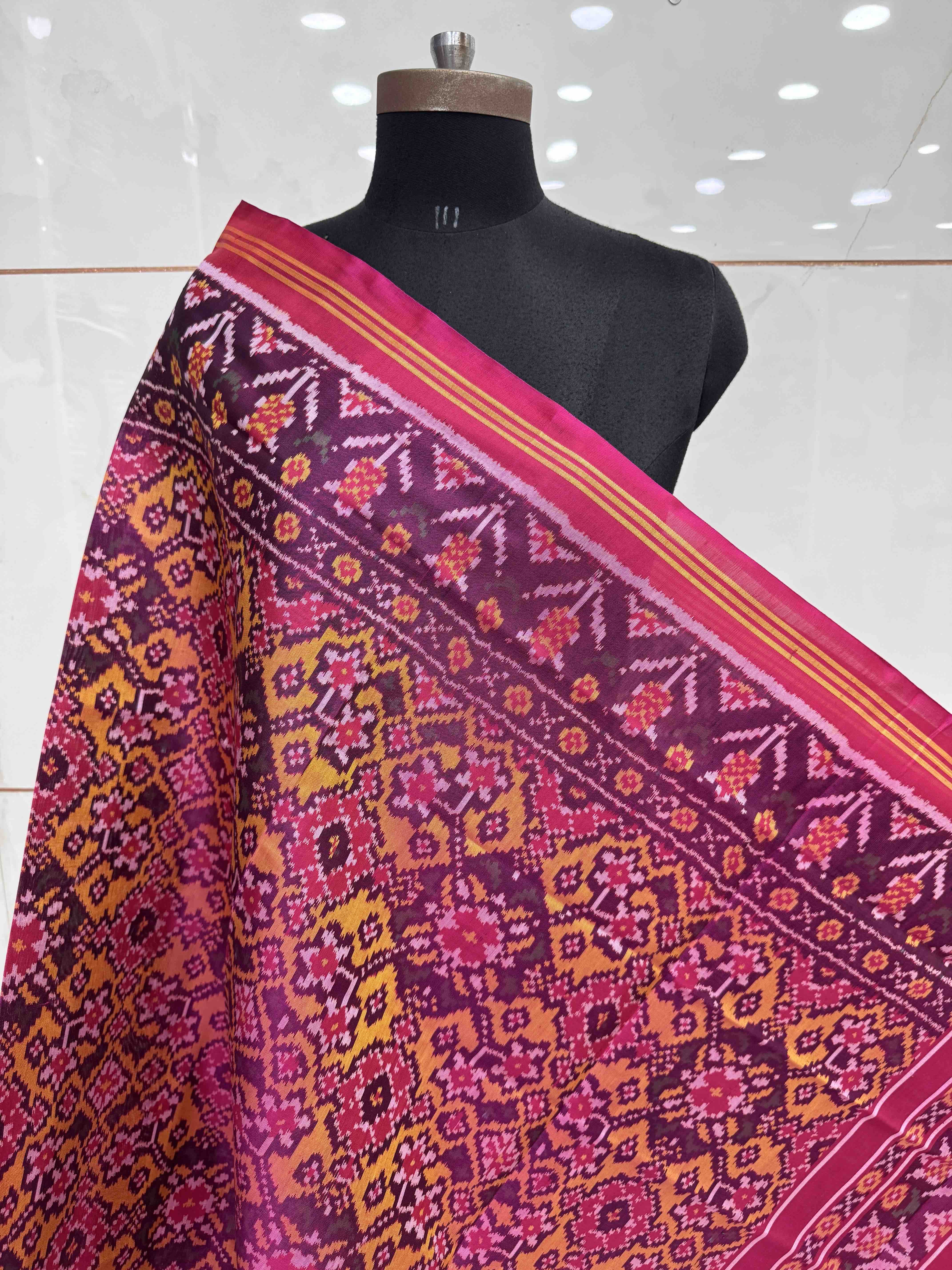 Pink & Yellow Navratan Semi Double Ikat Patola Dupatta