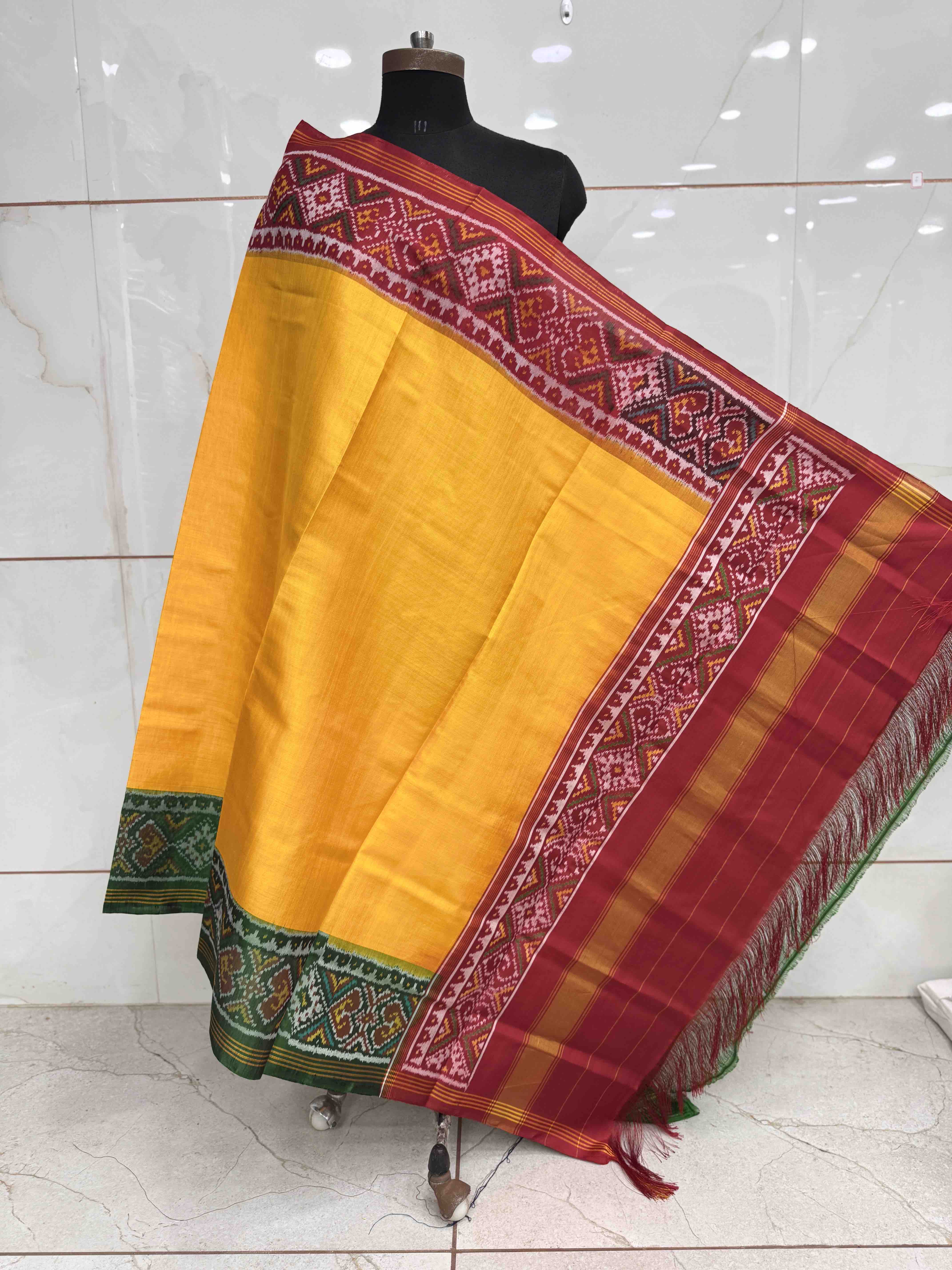 Yellow Plain Ganga Jamuna Semi Double Ikat Patola Dupatta