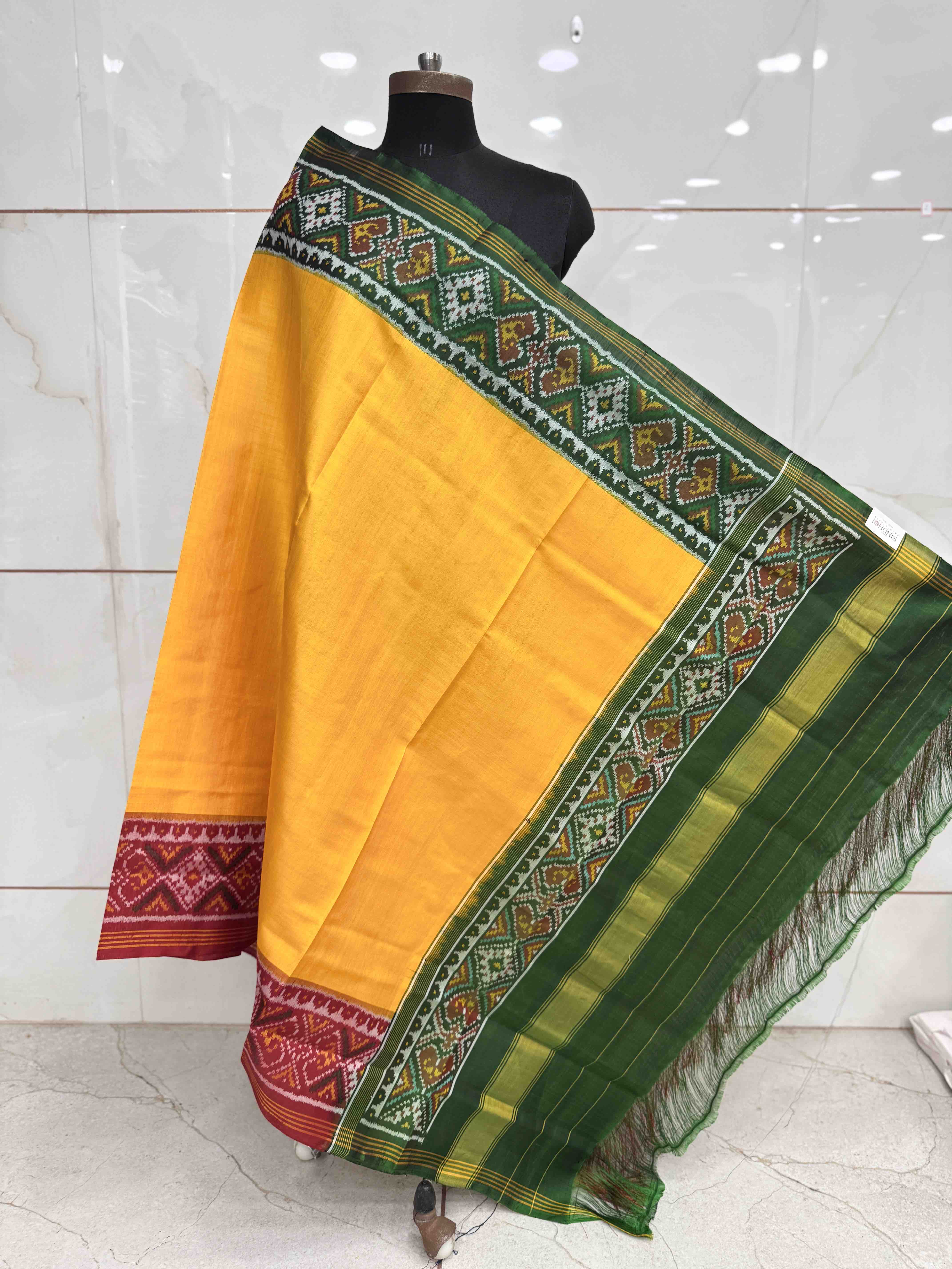 Yellow Plain Ganga Jamuna Semi Double Ikat Patola Dupatta