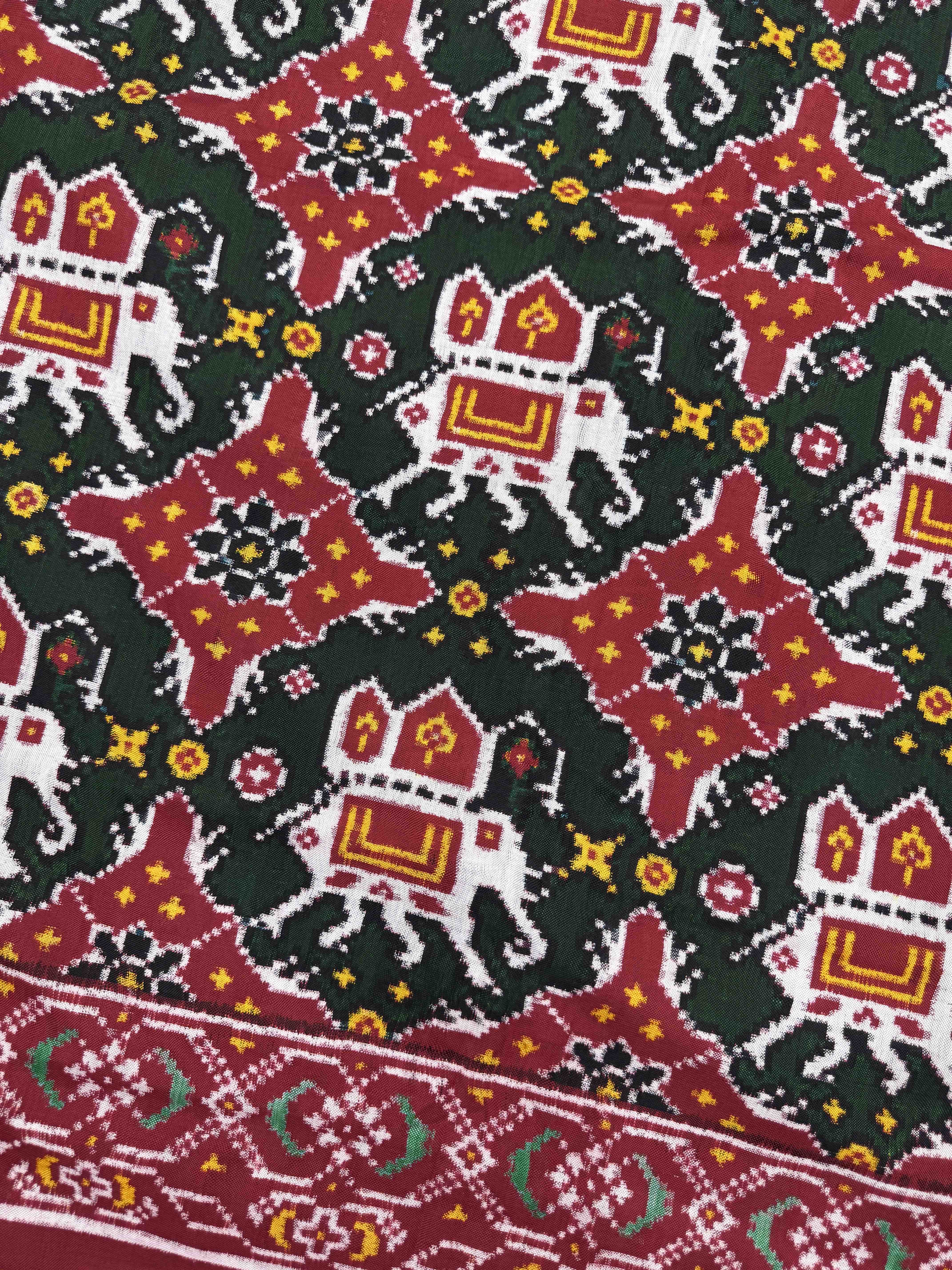 Red & Green Elephant Chhabdi Double Ikat Patan Patola Saree