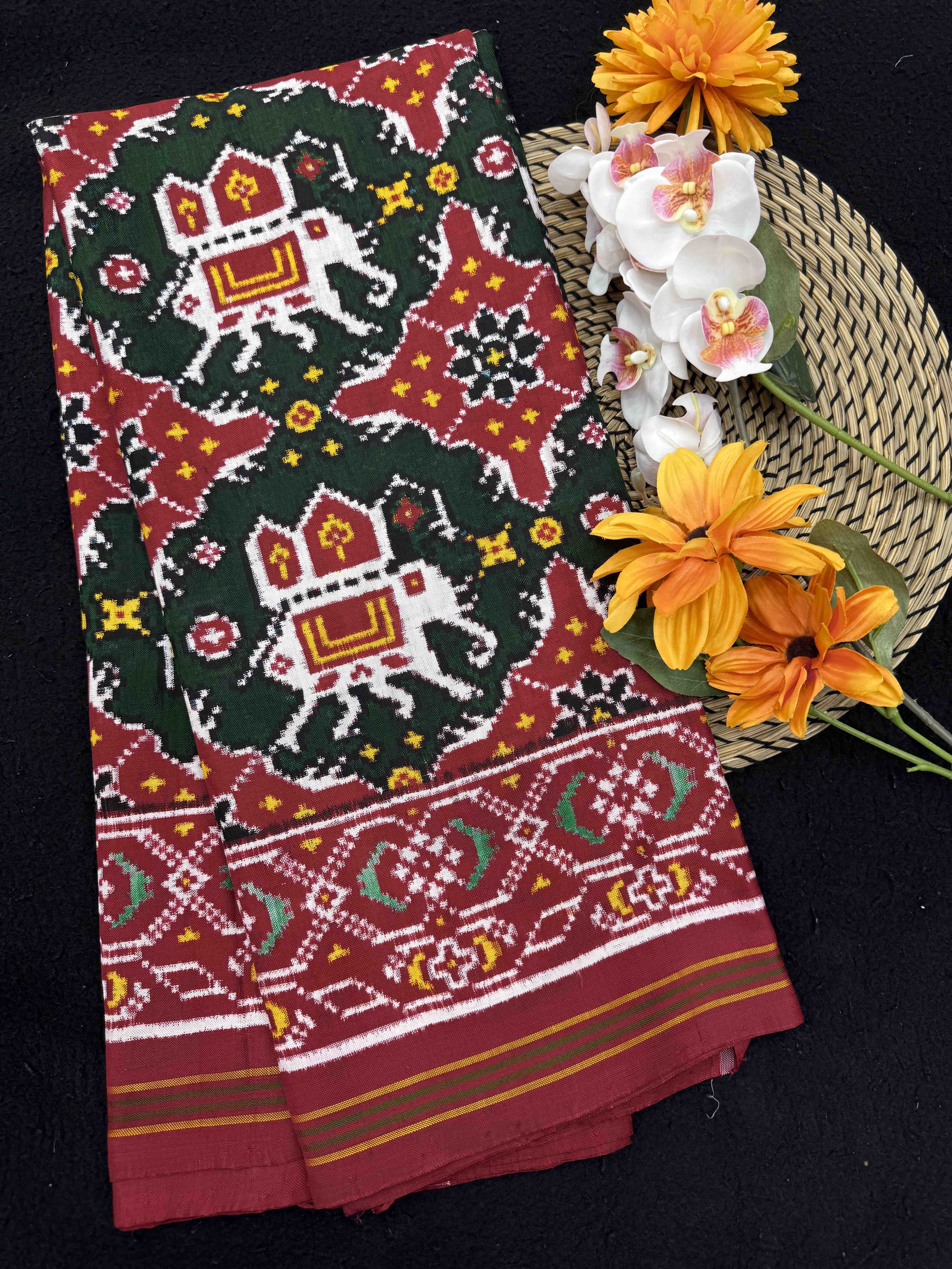 Red & Green Elephant Chhabdi Double Ikat Patan Patola Saree