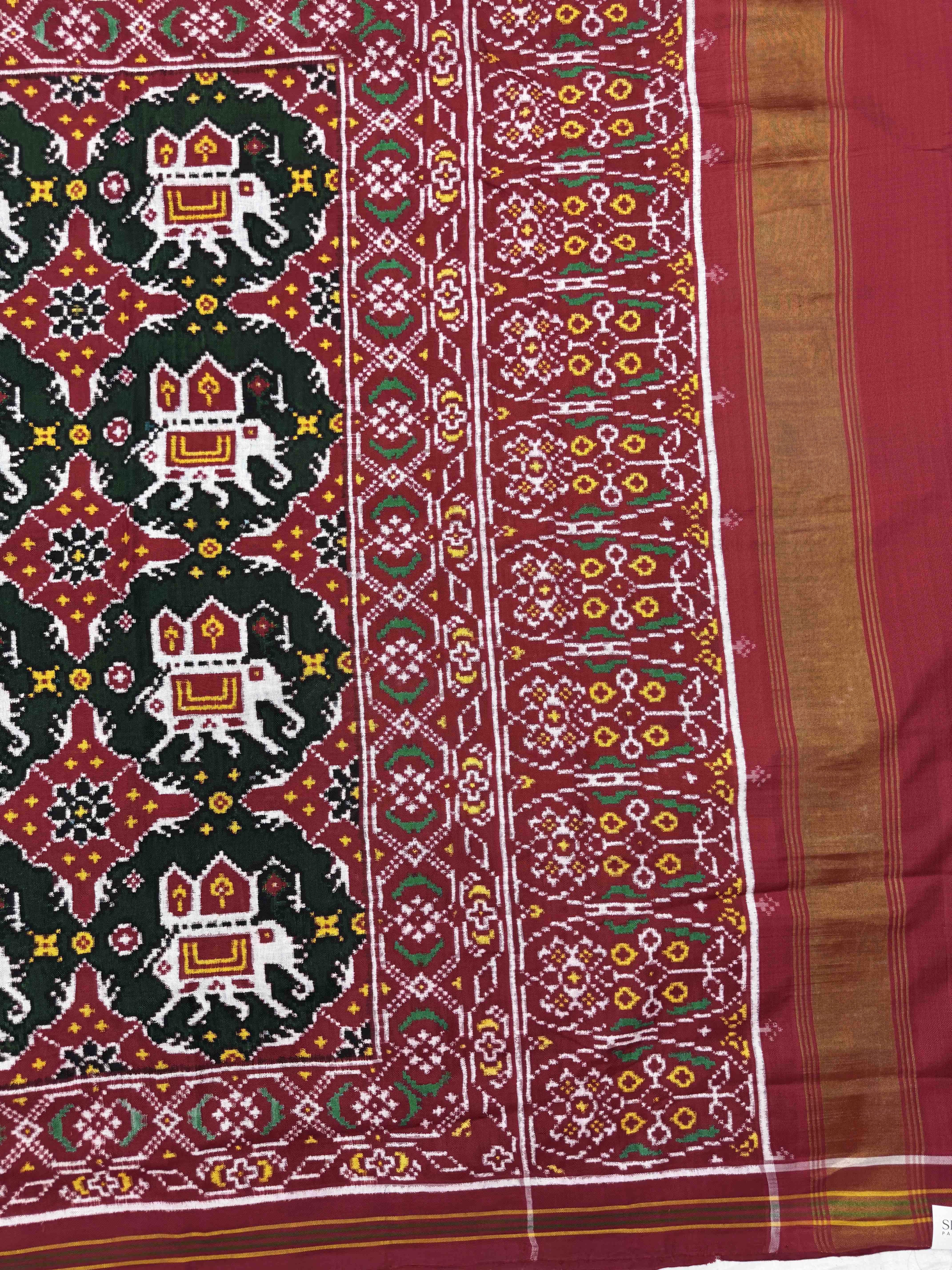 Red & Green Elephant Chhabdi Double Ikat Patan Patola Saree