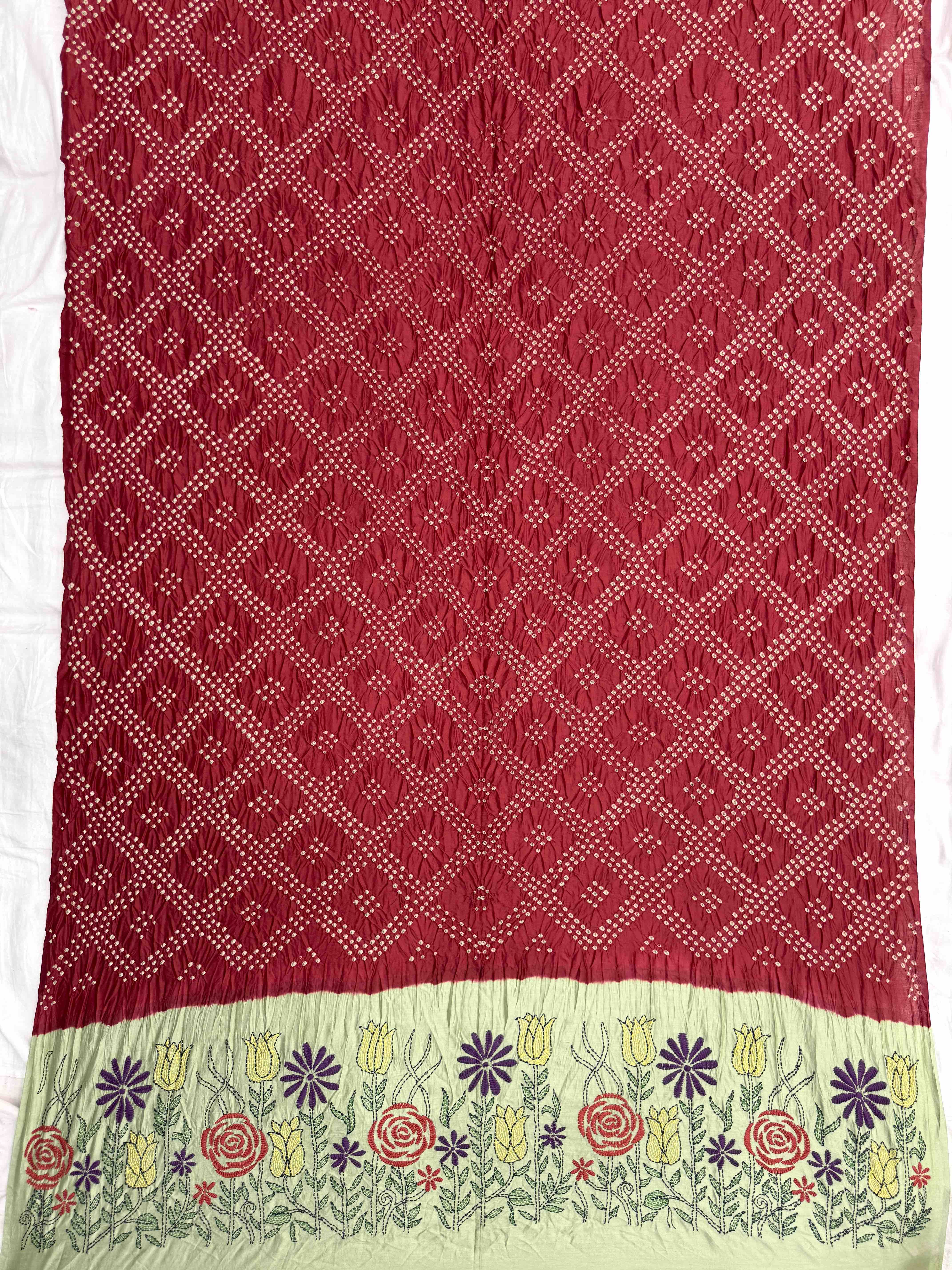 Red & Light Pista Bandhej with Kantha Word Dress Material